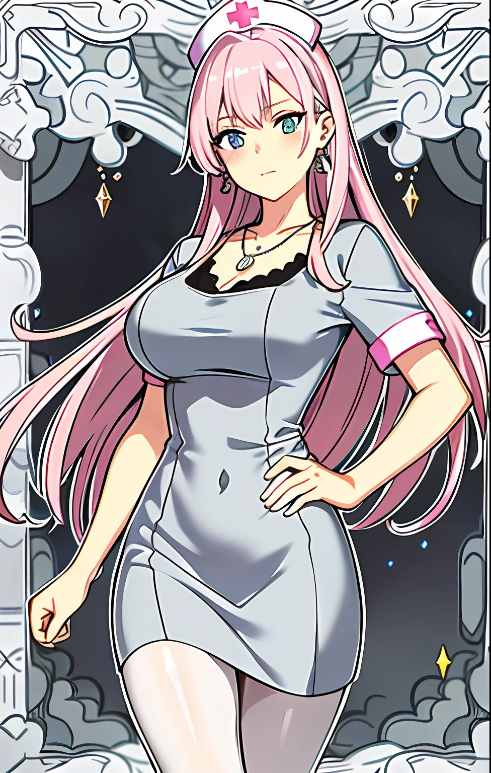 A high resolution,Masterpiece,illustration, Best quality,1girll,Pink hair,hair adornments,Big breasts, Big ass,Pretty girl,Pantyhose,Sexy,Stand,Nurse,Realistic,Silver dress, Clothing that exposes,Portrait,Silver dress,view the viewer, Earrings, necklace, Portrait,Close_Mouth,Long_Hair,Cinematic light, Ultra detailed, Detailed face, (Detailed eyes),