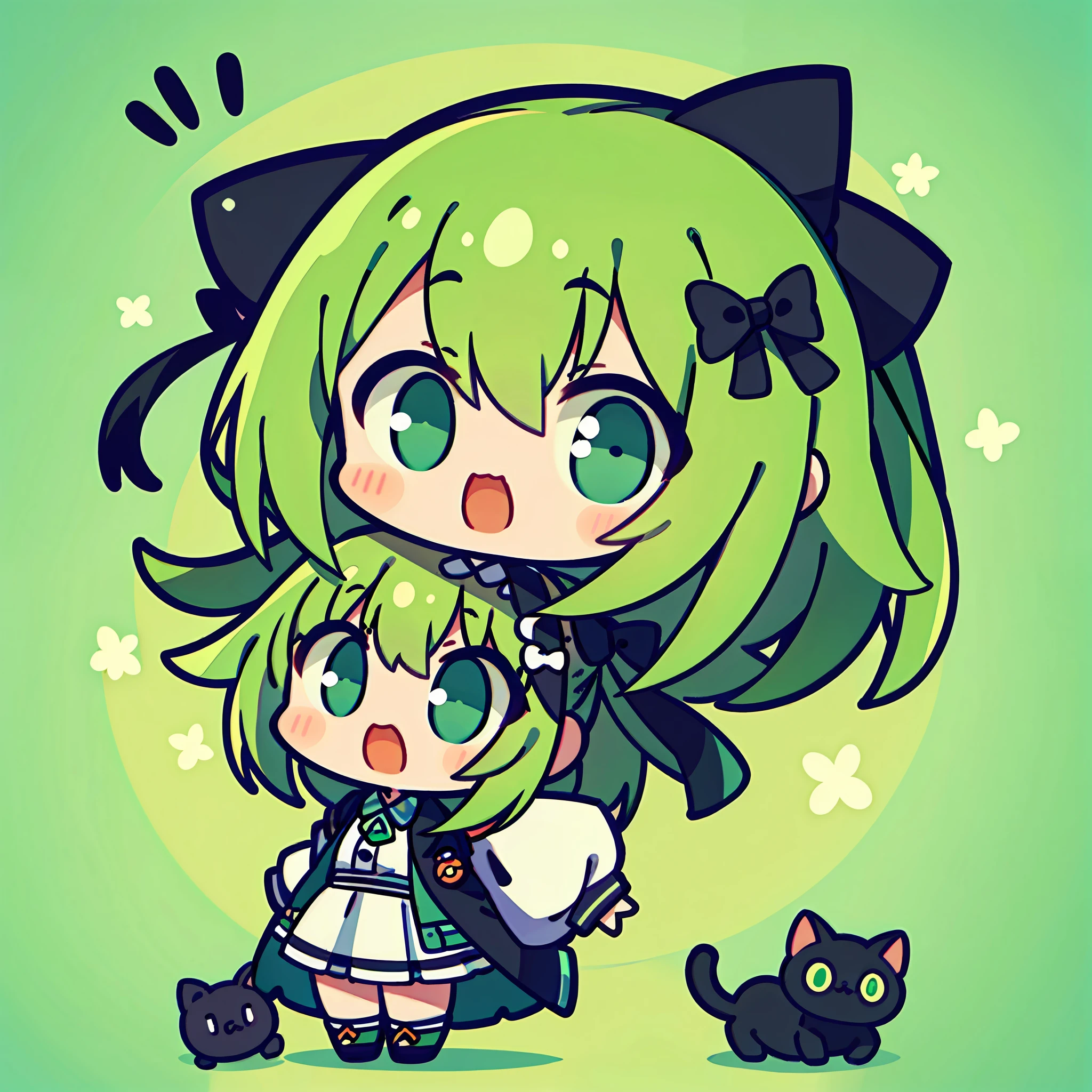 ​masterpiece, top-quality,   large mouth、Big eyes、Surprised face、Mass sweat、Full body depiction, Arms outstretched、　1girl in、Jade-colored jacket、cartoon bone、 Black cat ears,Chibi:1,Chibikyara, Green Hair Anime Girl, cowboy  shot, , ribbon-trimmed sleeves,
