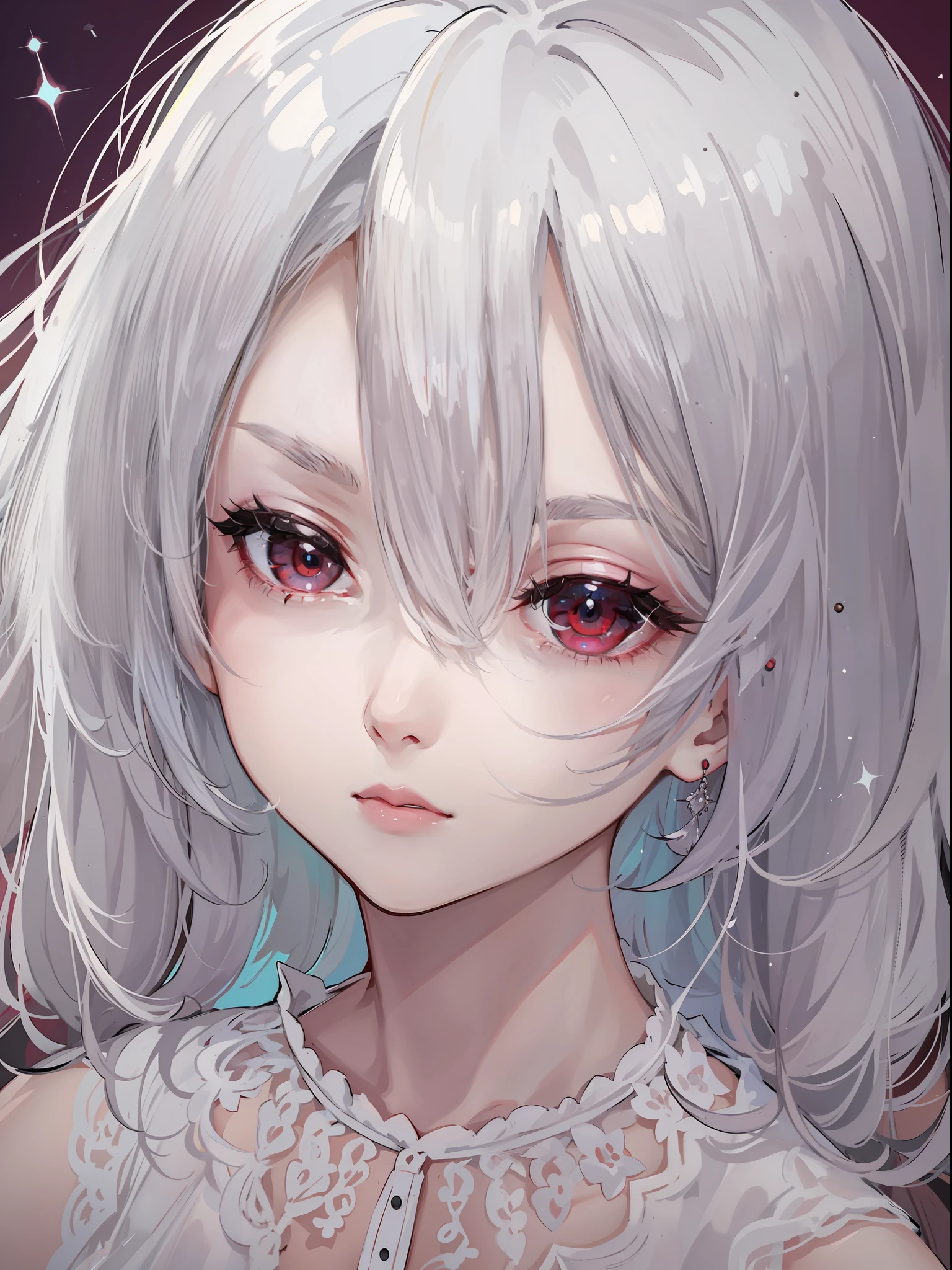 s girl，White hair，Maroon eyes，Blackn clothes，exteriors