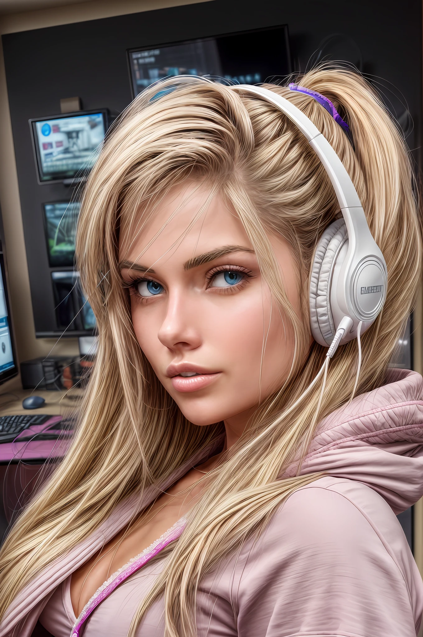 blonde gamer girl leaning into the camera, photo from front above, red hoodie, large white gamer headphones, medium breasts, skintight white top:1.2, cleavage, pink bra:1.2, looking at viewer, soft colors, cinematic lighting, perfect anatomy:1.2, round breasts:1.2, well-organized, neat:1.2, perfect proportions,
