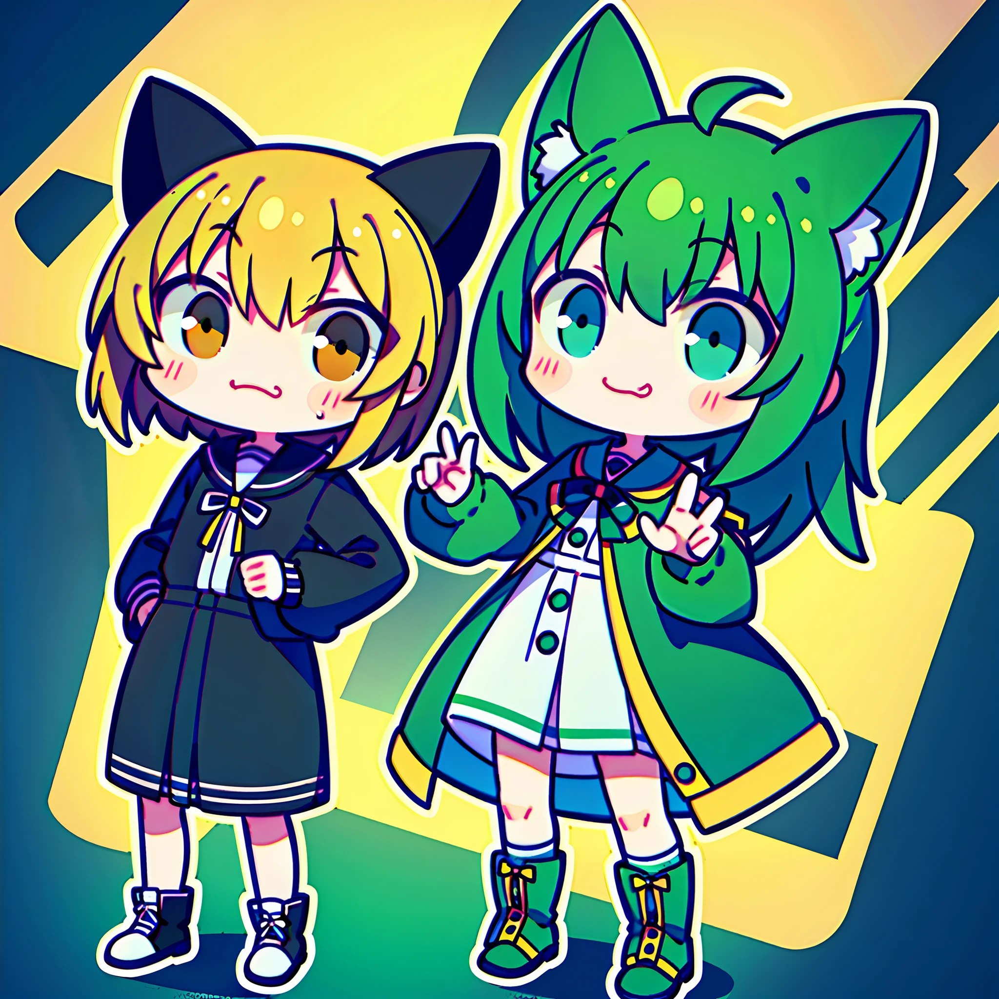 masterpiece, top-quality, Chibi, full body Esbian, large mouth、sad Facial expression、Sad face、Mass sweat、Full body depiction, 1girl in、Jade-colored jacket、cartoon bone、 Black cat ears,Chibi:1,Chibikyara, Green Hair Anime Girl, cowboy shot, , ribbon-trimmed sleeves, Ribbon trim, side locks, A smile, dynamicposes,