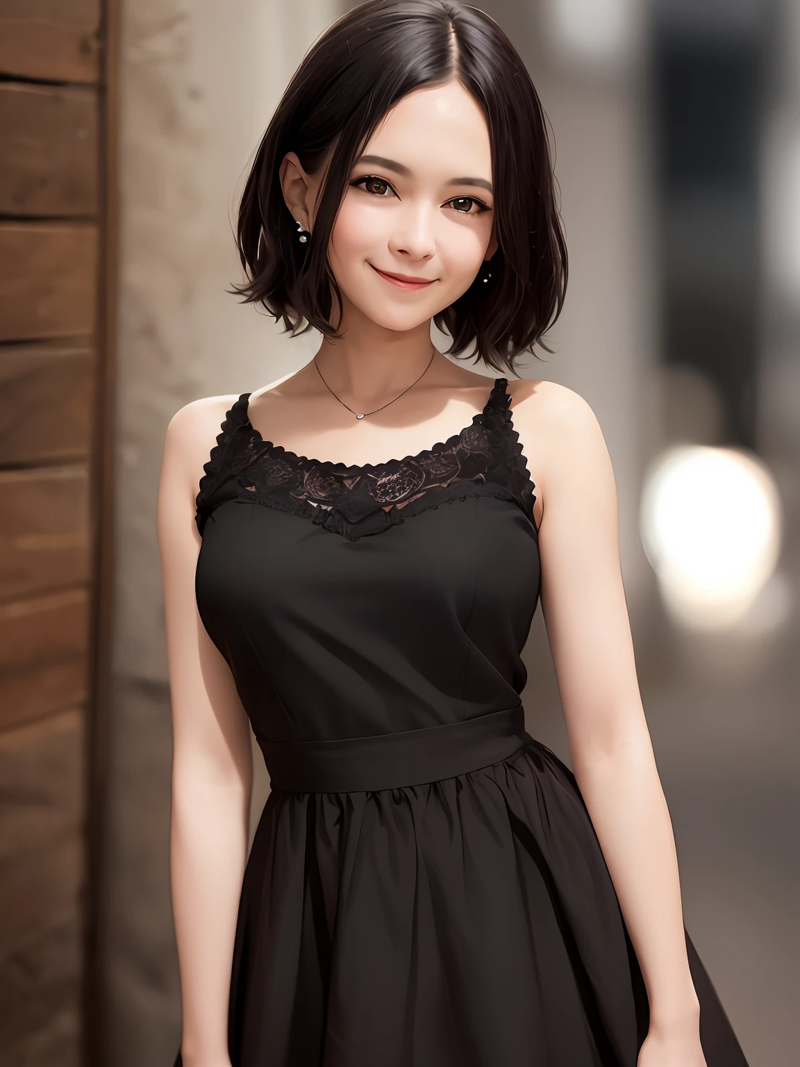 high-level image quality, vivid, cute little, a smile,araffe woman in a black dress posing for a picture, Art styles, Enako
