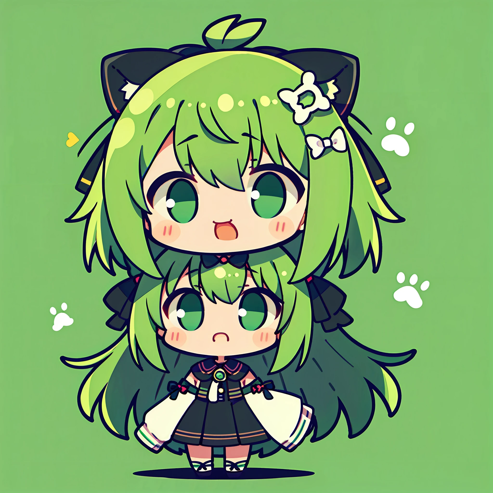 ​masterpiece, top-quality,   large mouth、Facial expression to Teheh、Sad face、Mass sweat、Full body depiction, 1girl in、Jade-colored jacket、cartoon bone、 Black cat ears,Chibi:1,Chibikyara, Green Hair Anime Girl, cowboy  shot, , ribbon-trimmed sleeves,