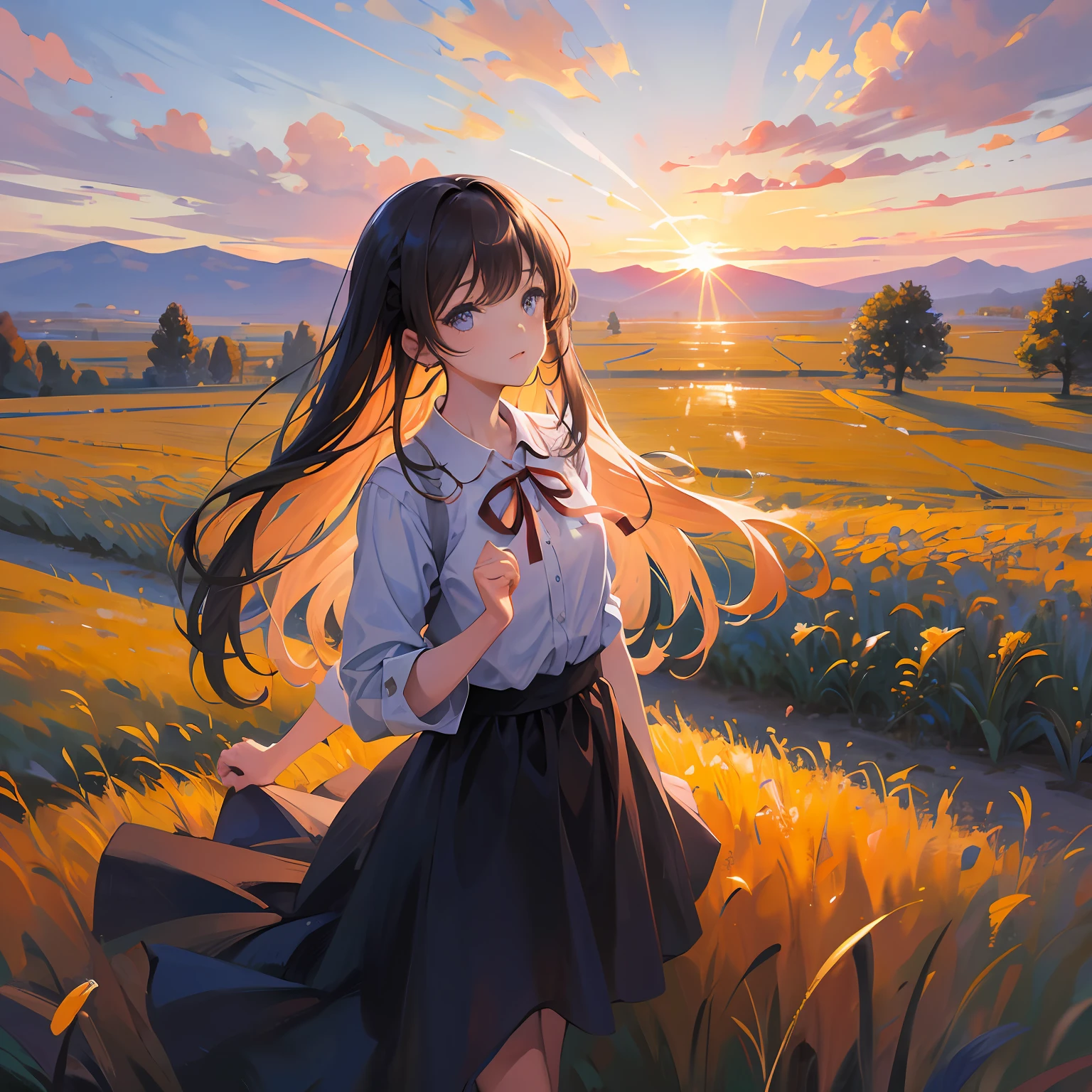 girl standing in field, closeup, portrait, clouds, sunrise