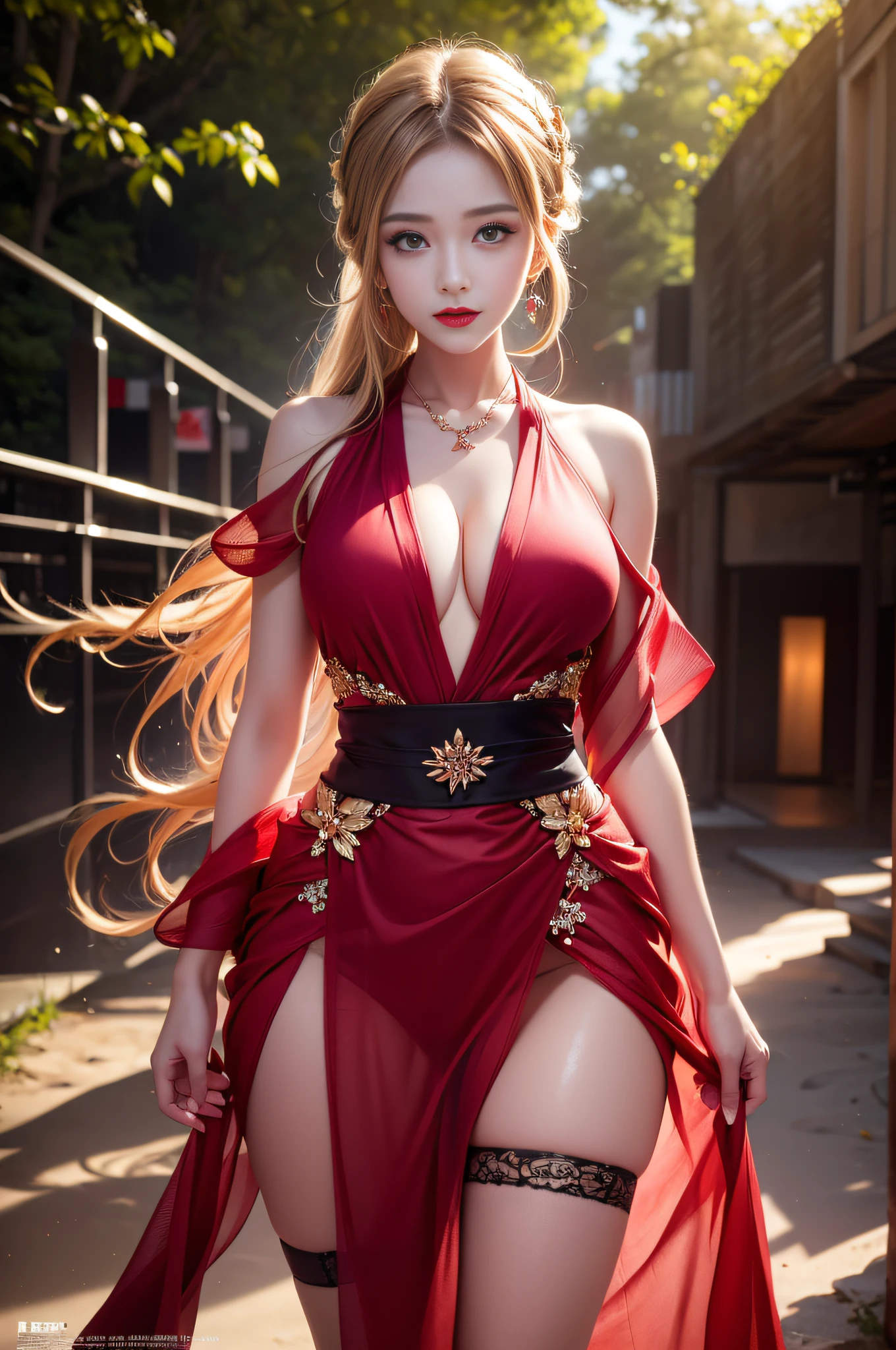 (Super realistic), (Blonde curly hair), Ponytail, (((Super boobs))), ((Plump body)), (small breasts), ((Plump boobs)), ((exposed)) ((Big buttocks)), (detailed description of hair), (detailed description of face), (detailed description of body), (white and translucent skin), peerless beauty, (extreme beauty), long legs, ((dark red kimono)), ((stockings)), (ruby necklace), (gem earrings), (beauty mole), (mature royal sister), (red lips), (touch tits), (shy), (tempting smile), (face to viewer), (face to face), (summer), ((in the beach)), ((stream)), waves, (wet clothes),daylight,sunlight,(puffy lips),(Attractive body), slender arms,sharp eyes,girl's smooth skin,shy expression,fog, forest,Glow hair, intricate lighting, volumetric lighting,official art,((perfect female body)), charming, seductive, erotic, alluring, enchanting, narrow waist,(glowing eyes),natural skin texture,
