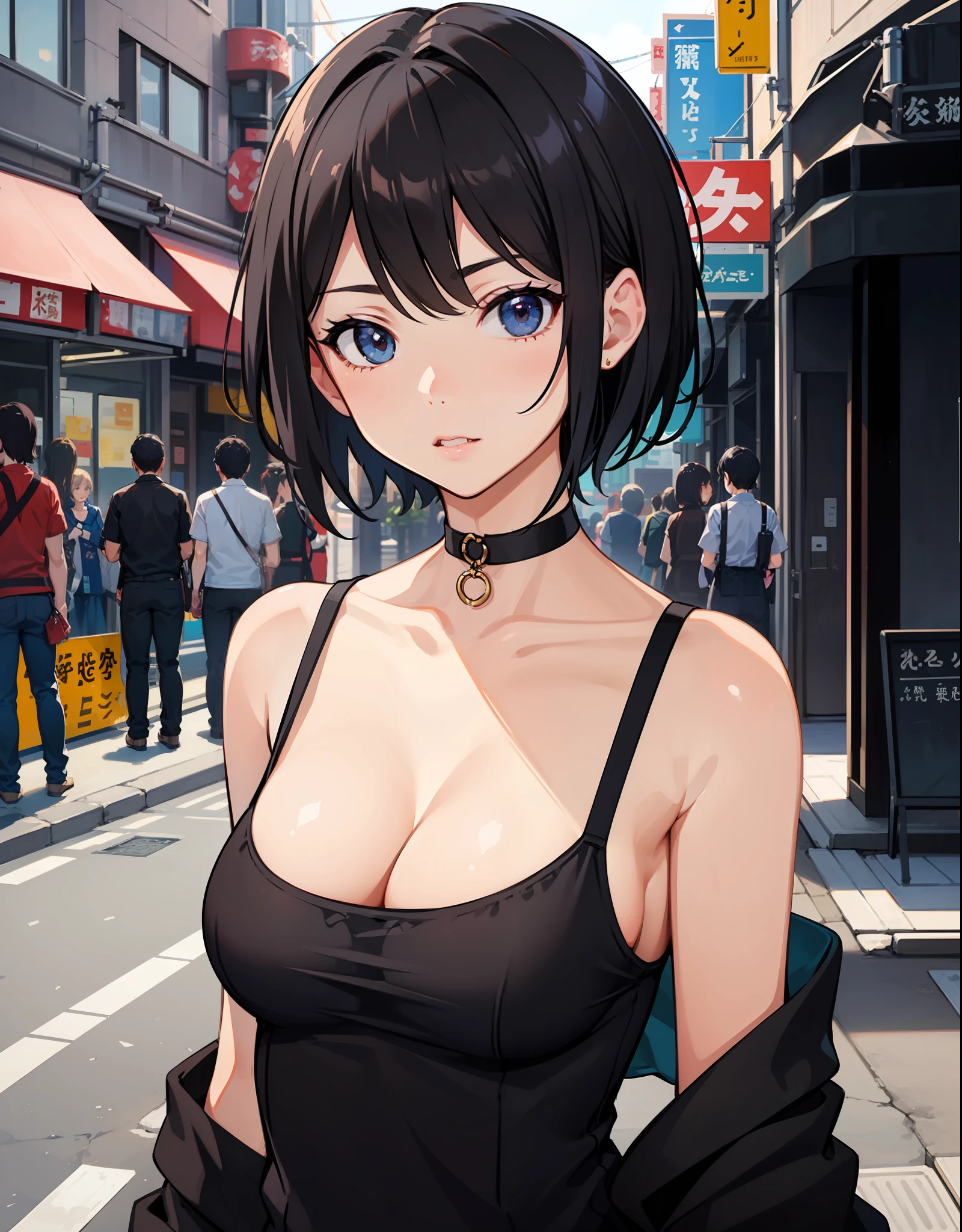 upperbody closeup,sportrait,little breast,Fashionab,Handsome,street Tokyo,12year old girl,cleavage,extra very short hair,Black color hair,Off-the-shoulder attire,比基尼