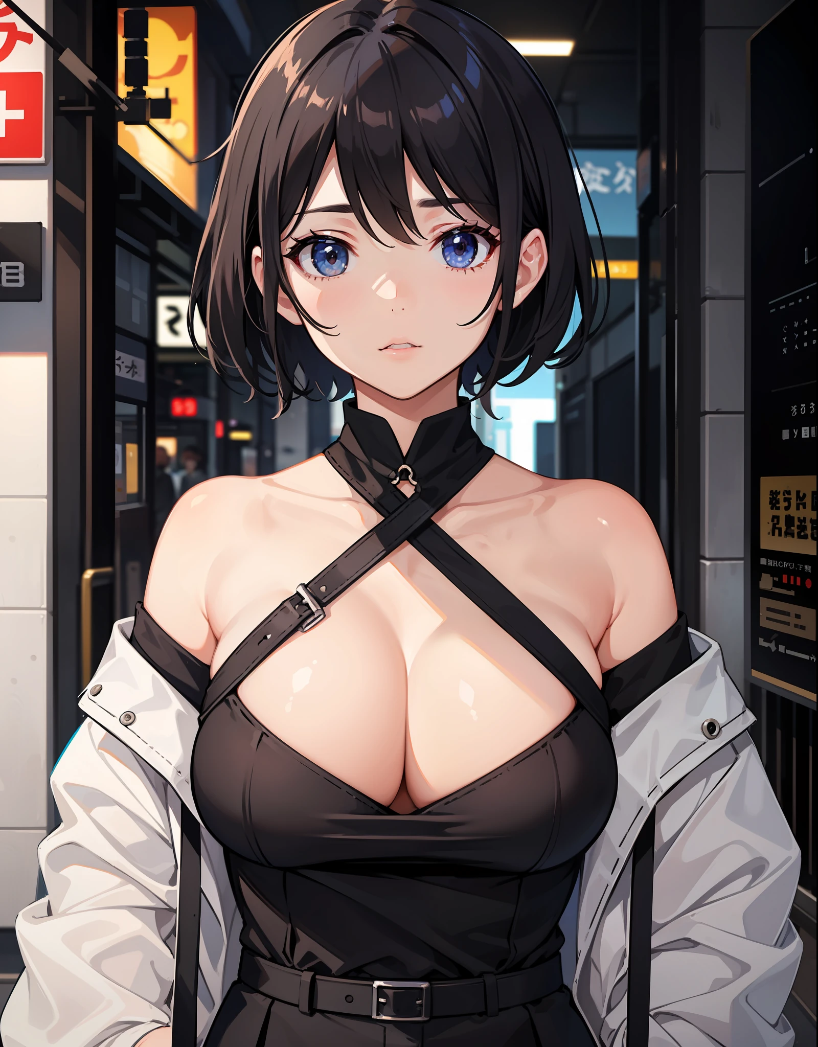 upperbody closeup,sportrait,little breast,Fashionab,Handsome,street Tokyo,12year old girl,cleavage,extra very short hair,Black color hair,Off-the-shoulder attire,比基尼