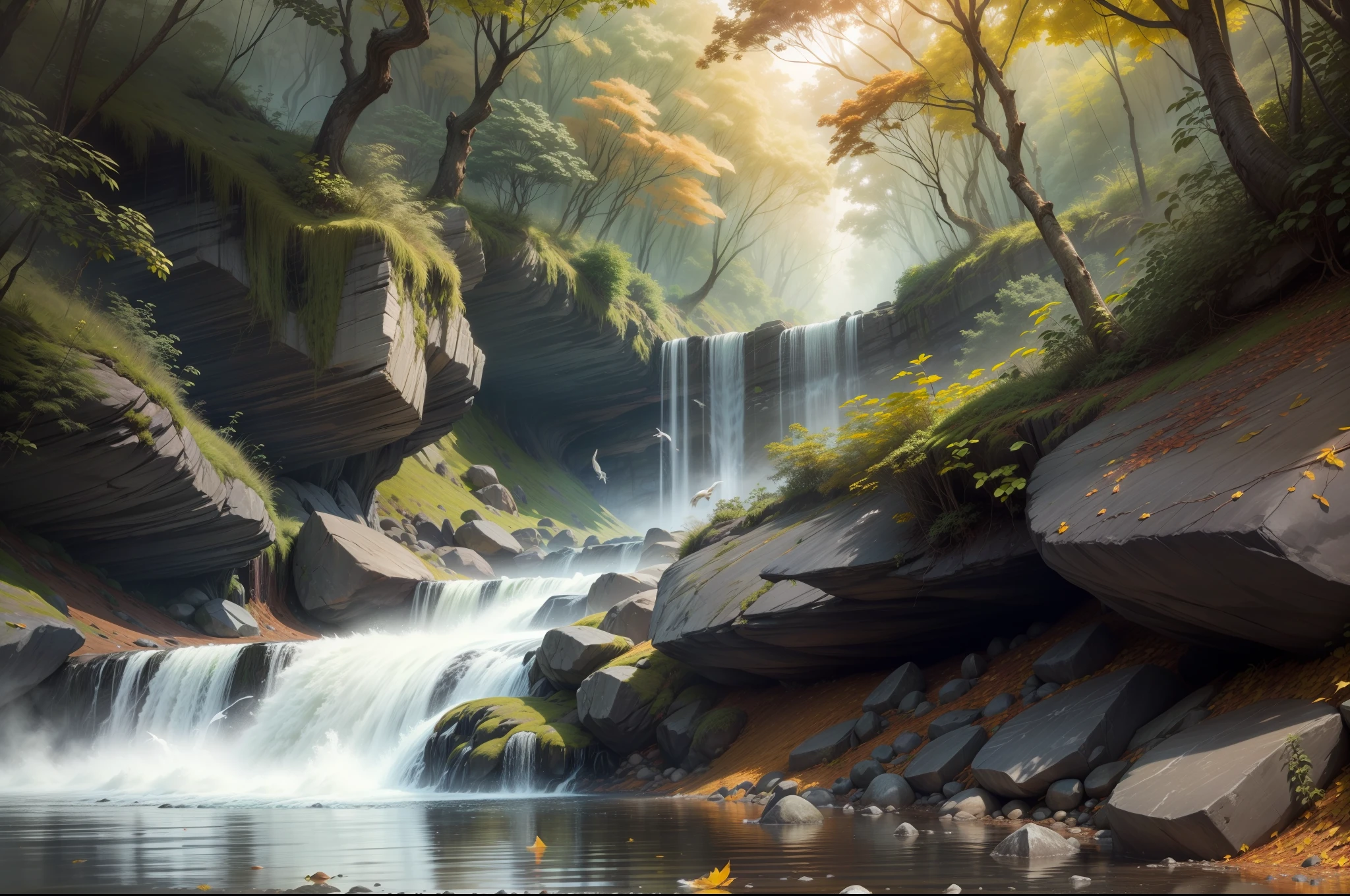 nature scenes,Fine water flows for a long time,Small rivers,the rainforest,precipice,waterfallr,firestorm,typhoon,rays of sunshine,Rained,fall season,Yellow leaves,Critters,Eagles flying in the sky,Fujiman,the shark,scenecy,photography of,Ultra photo realsisim,Wide shot, From above, vanishing point, Wide-angle, Ultra-wide angle, Sony FE GM