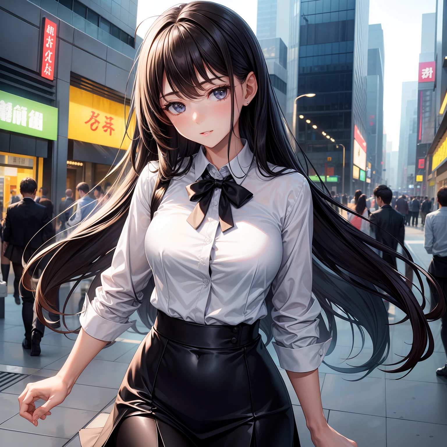 1girll,Professional Dress,White shirt on the upper body,Skirt that wraps hips,((blacksilk)),upper legs,(cleanness:1.4),full bodyesbian,plumw,城市,mall,the street