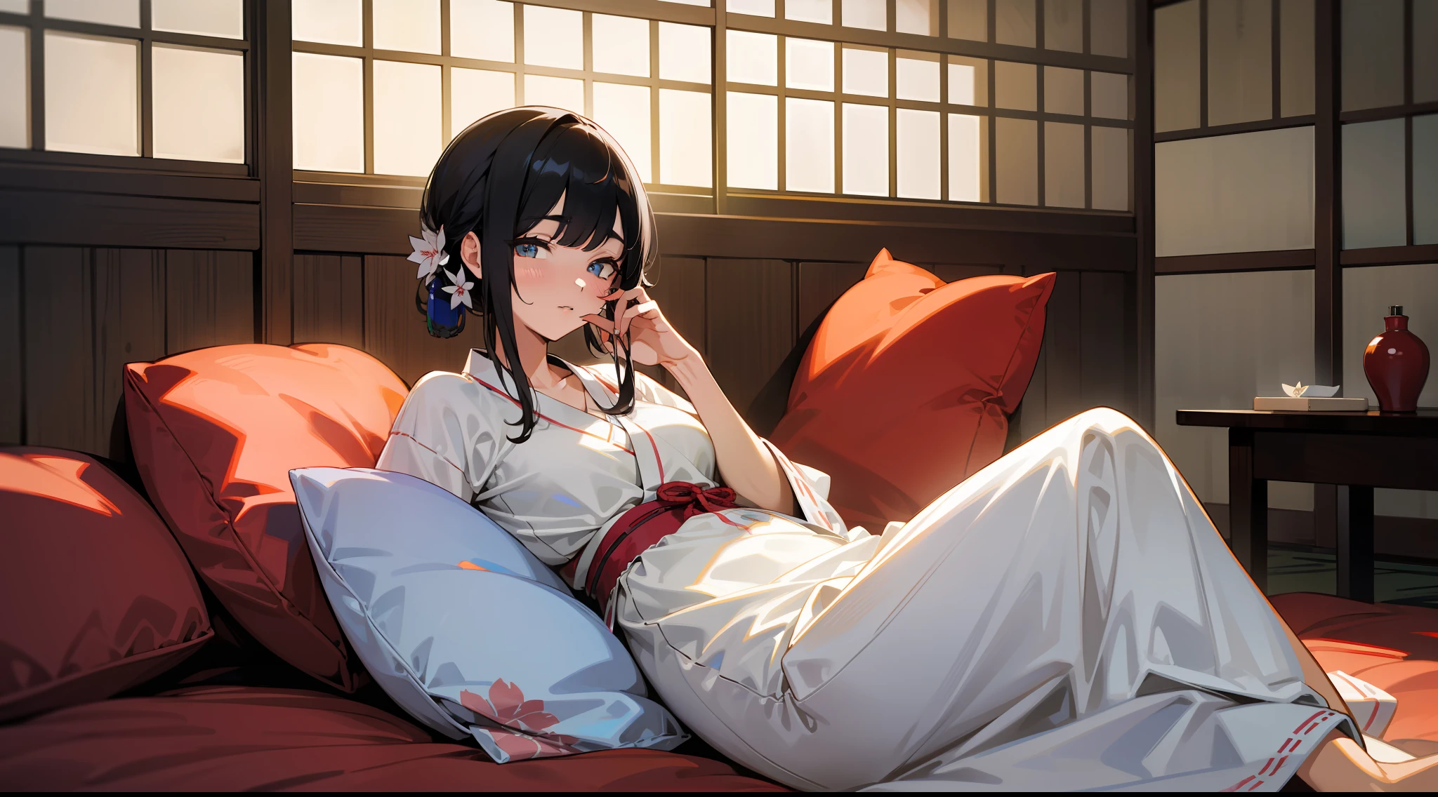 cool off in an air-conditioned ryokan room, loose loungewear, futon, cushion, (best quality, high detailed, beautiful detailed eyes, super detailed skin)