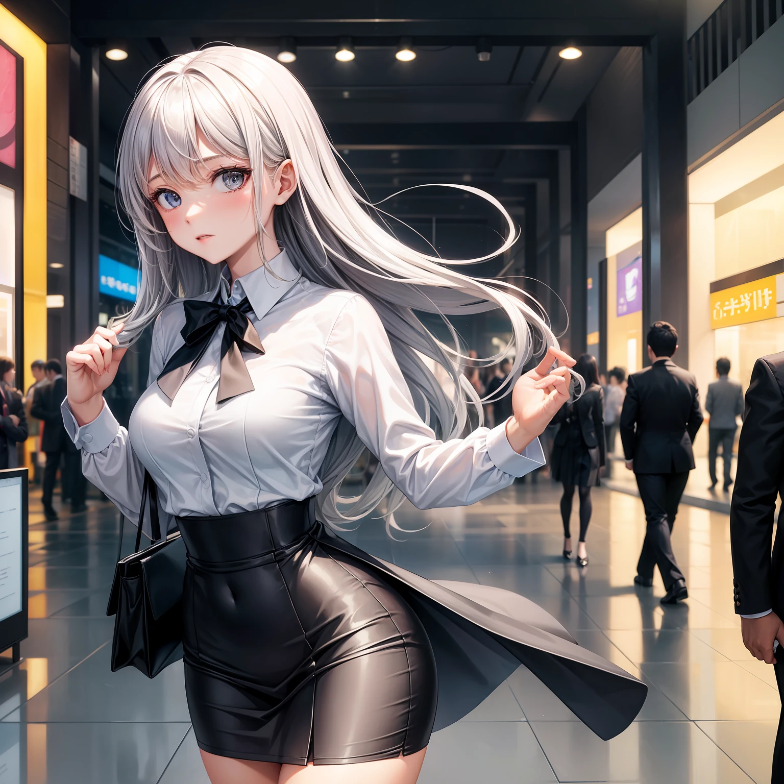 1girll,Professional Dress,White shirt on the upper body,Skirt that wraps hips,((blacksilk)),upper legs,(cleanness:1.4),full bodyesbian,plumw,城市,mall,the street