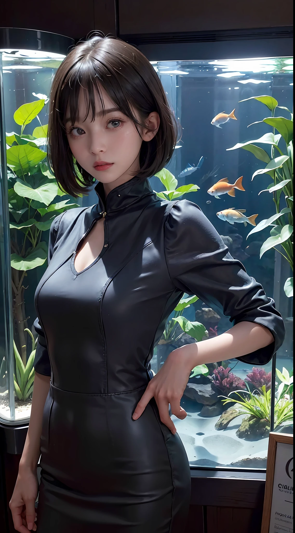 (((a 20 yo woman)))、((aquariums))、masterpiece, 1 beautiful girls, (((very_Short_hair))), Eye details, Swollen eyes, Top image quality, 超A high resolution, (Realistis: 1.4), OriginalPhotographs, 1girl in, Cinematographic lighting, japanes, very beautif, Beautiful skins, (A hyper-realistic), (hight resolution), (8 K), (ighly detailed), (The best illustrations), (beautifully detailed eyes), (ultra-detailliert), A detailed face, look at a camera, Facing straight ahead, Neat Clothing, shorth hair、A dark-haired、46-point diagonal bangs、((aquariums))