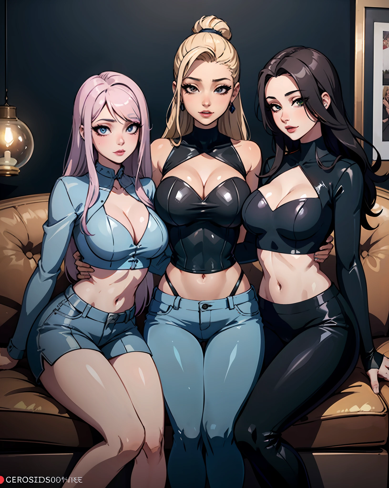 three women sitting on a couch,trending at cgstation, with black, posing together in short dress, sakimichan, jaeyeon nam, sexy pose, beautiful girls, 4k), 4k], 4 k ), 4 k ], asian women, perfume, cute girls, korean girl, high quality upload, instagram model, korean idol,crop top and tight pants,ass