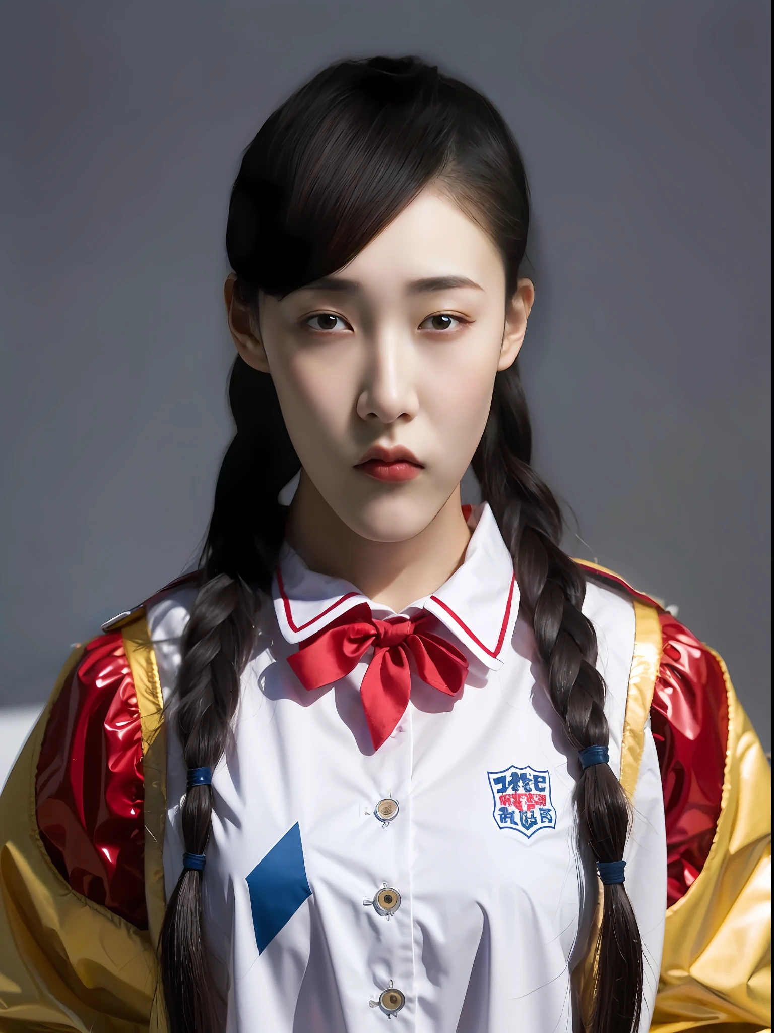 A Chinese high school girl，Wearing PVC junior high school uniform，Braid，