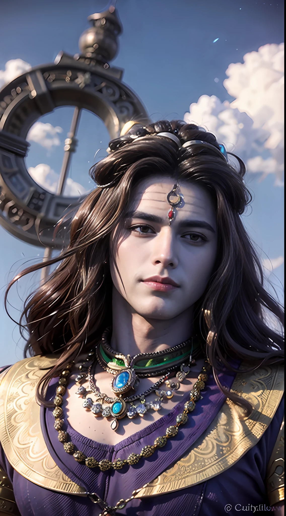 (high-detail:1.3),jewelry,Crescent moon jewelry at hair boxing, male focus,long-haired,Purple skin,Smiling, mouth closed.,There's a cobra wrapped around his neck., ((Detailed Face and Eyes:1.3)),Standing on the edge of a cliff, There is a temple of Hindu gods in the background......., 10