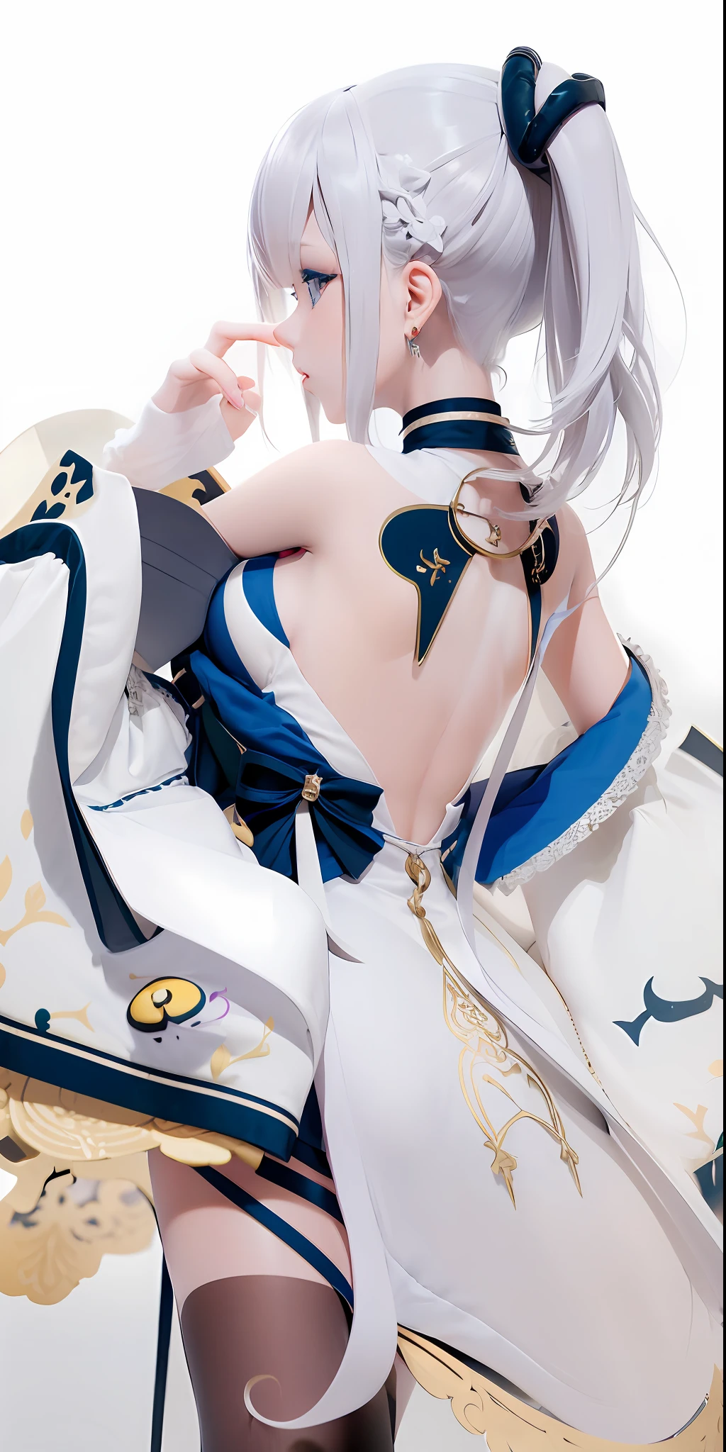 (Overlooking the perspective),dynamic angle,Super meticulous,illustratio,closeup cleavage,Looking directly at,Kizi,(fanciful:1.4),(Blue eyes:1.233),Her eyes shone like dreamy stars,(glowing light eyes:1.233) ,(美丽细致的眼睛:1.1),(silber hair:1.14),(messy  hair,Very long hair,french braid,Hair between both eyes,Lateral hair),(+(Gray hair flower:1.14)),(Chiffon dress,Uniform white flower pattern)/=(army suit:1.24),(Wide sleeves),(Fingerless gloves),choker necklace,(miko thighhighs),high heels boots,(Frightened expressions),(standing on your feet), (big trees，In the forest，Shadows interlace, All kinds of beasts, ),(flor branca,full bloom),(flowingwater),(Dark Blue World Tree:1.14),(废墟),(natta:1.2 ),Dreamy,soul,(Fluorescence),(Flying translucent blue butterfly:1.15),[[Delicate fingers and hands:0.55]::0.85],(Finger details),(yubao:0.5),3D，full bodyesbian，the detail，Background bokeh，high qulity，high detal，deep v big breasts，huge-breasted，flat lay，Expose cleavage，Large trees interlace，full bodyesbian，Hanfu，solo person