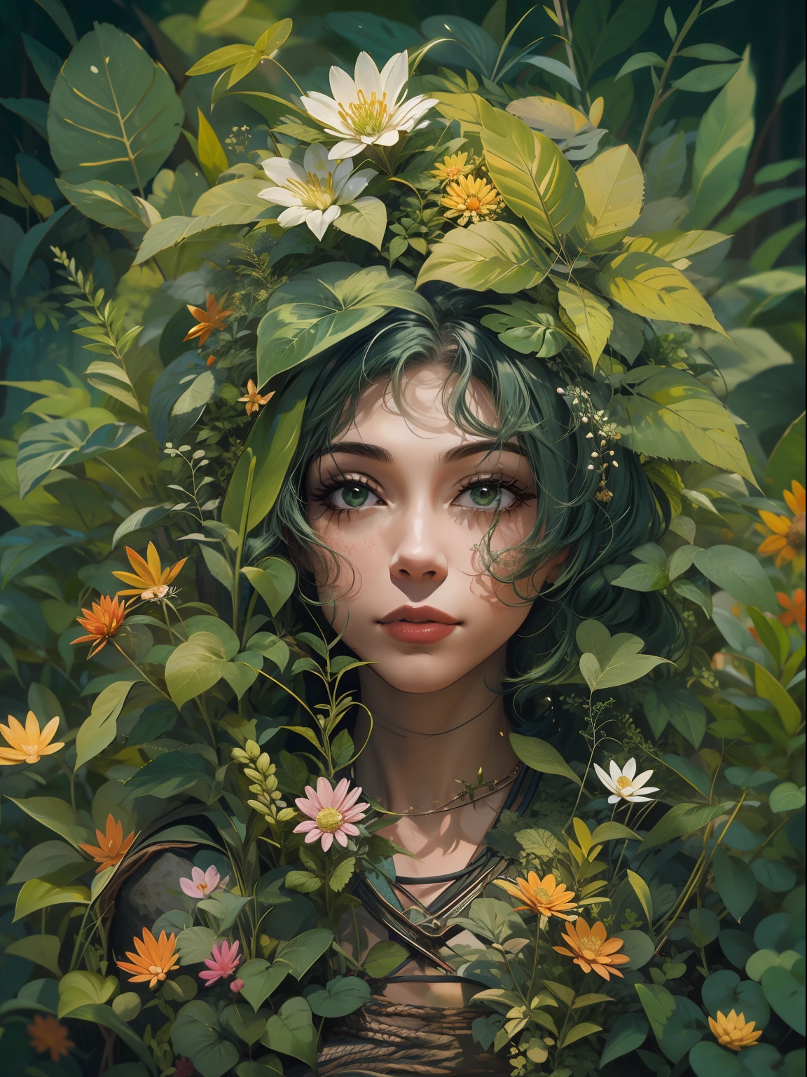 (obra-prima, melhor qualidade: 1.4), (absurdos, highres, ultra detalhados: 1.2), (1 homem bonito de cabelo verde: 1.4), (rei da natureza: 1.4), magia verde, (flora: 1.4), playful illustrations, imaginative overlays, artistic fusion, fantastic scenes, narrativas evocativas, visuais impressionantes, parte superior do corpo, depth of field-ar 2:3-s 200