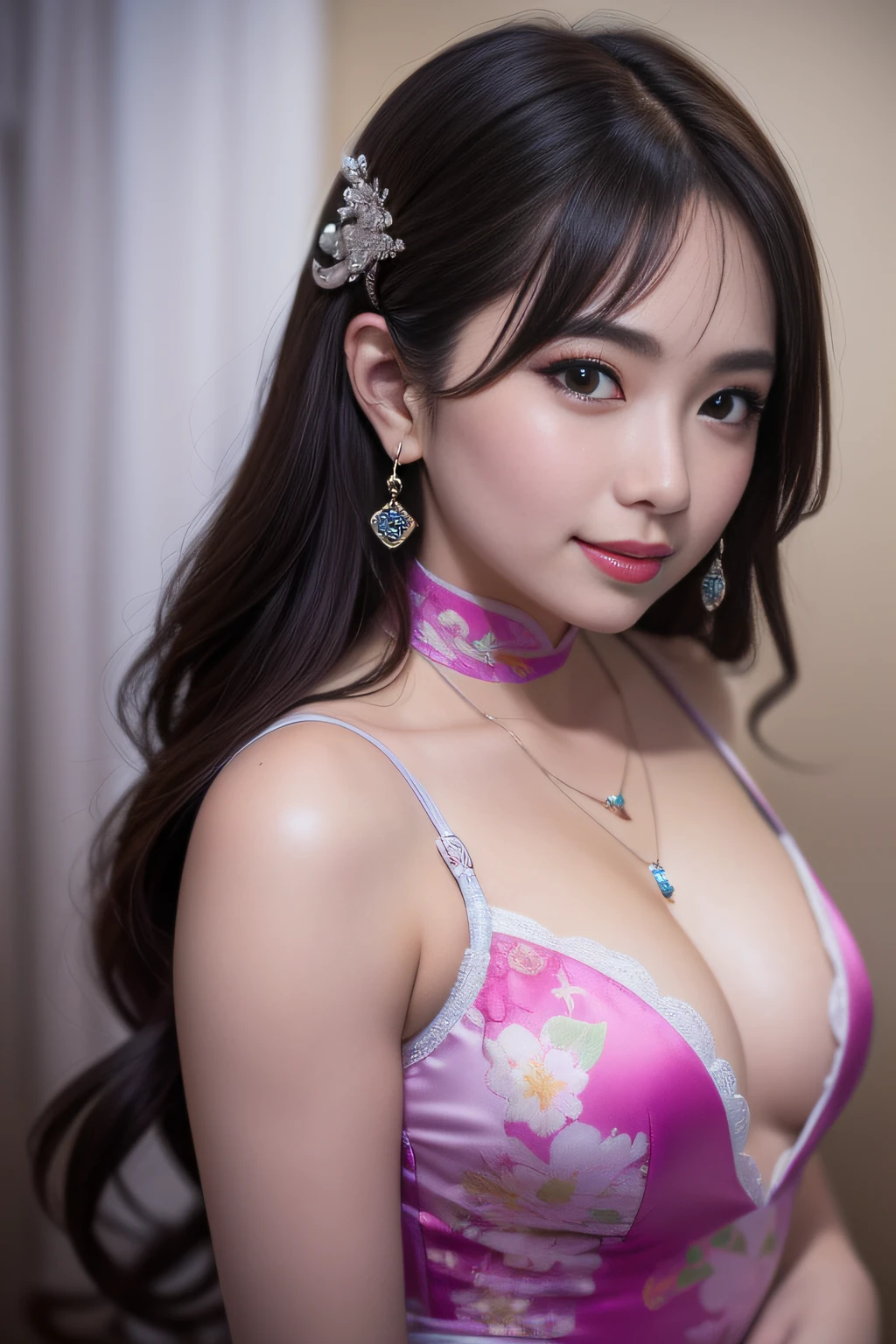 exquisite, masterpiece, high resolution, 1girl, sheer silk cheongsam, beauty face, hair ornament, eye line, smile, closed mouth, lips, dress, hair ornament, necklace, jewel, long hair, earrings, beauty face, upon_body, tyndall effect, photorealistic, dark studio, rim lighting, two-tone lighting, (high detail skin: 1.2), 8k uhd, DSLR, soft lighting, high quality, volumetric lighting, candid, photography, high resolution, 4k, 8k, bokeh