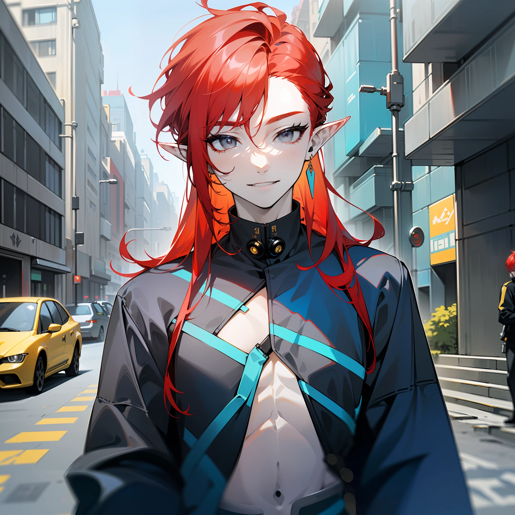 young man, (((male))), man, twink, (((one person))), (((single))), (((solo))), (((1guy))), (((very pale skin))), (pale skin), (((red hair))), ((red colored hair)), (((grey colored eyes))), (long hair), (((slim body))), slim figure, (((flat chest))), ((black colored clothes)), (((indigo colored clothes))), ((dark blue colored clothes)), ((golden jewellery)), ((pointy ears)), (((grey eyes))), male face, smiling, (((kpop style))), (((futuristic style))), (((wearing modern clothes))), (((street fashion))), (((wearing a kpop outfit))), (futuristic street wear), ((wearing futuristic kpop style clothes)), futuristic city in the background, ((futuristic accessories)), science fiction,