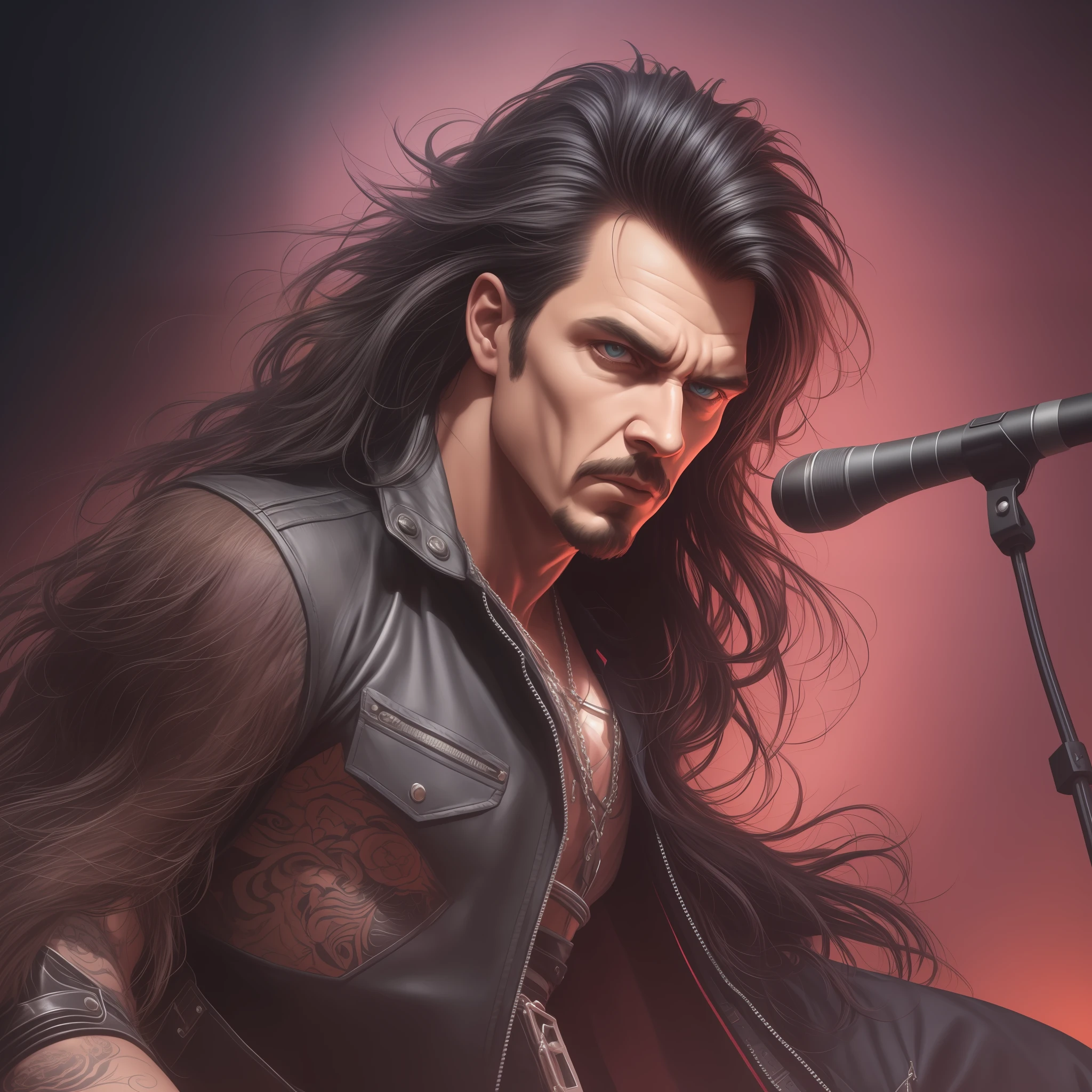 A (waist up:1.2) cinematic photorealistic color digital painting of Mr. Hyde with the (80's heavy metal rock star hair style:1.2) jump in stage, detailed face, insanely detailed and intricate, crisp sharp and clear, volumetric lighting, ultra-high resolution, masterpiece hyper realistic artwork of Don Lawrence, centered, Professional color grading by Kenneth Hines Jr.