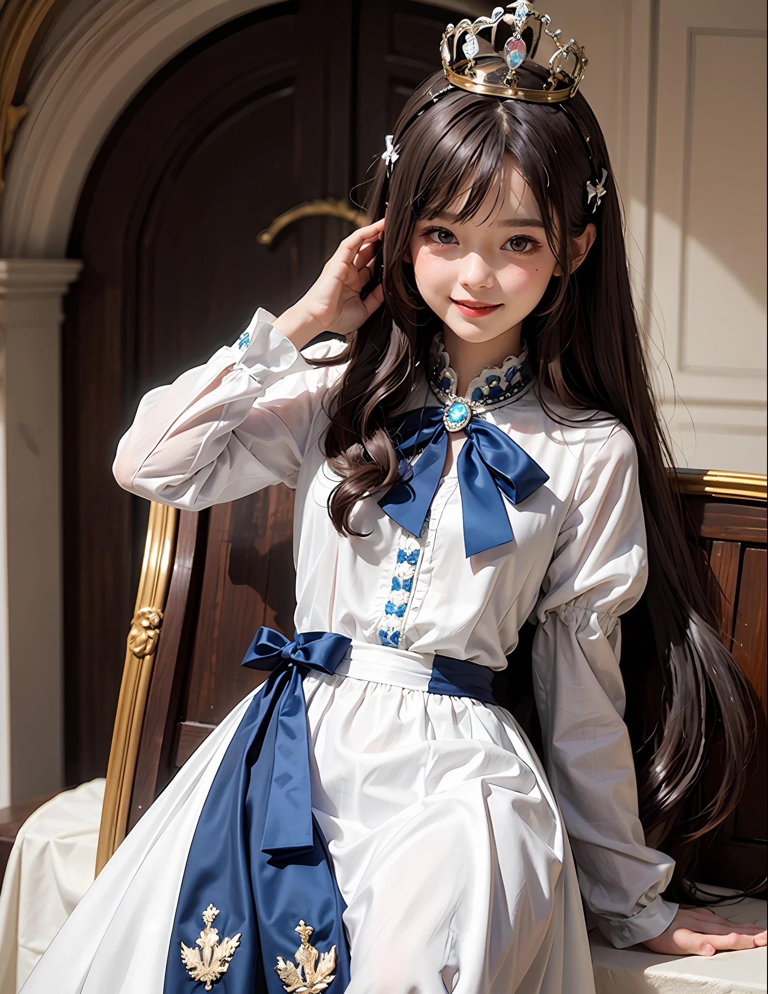 1Blittle girl,double tails,brunette color hair,By bangs,Long white embroidered dress,Blue bow,9-year-old female model,Princess,crown,Smile,