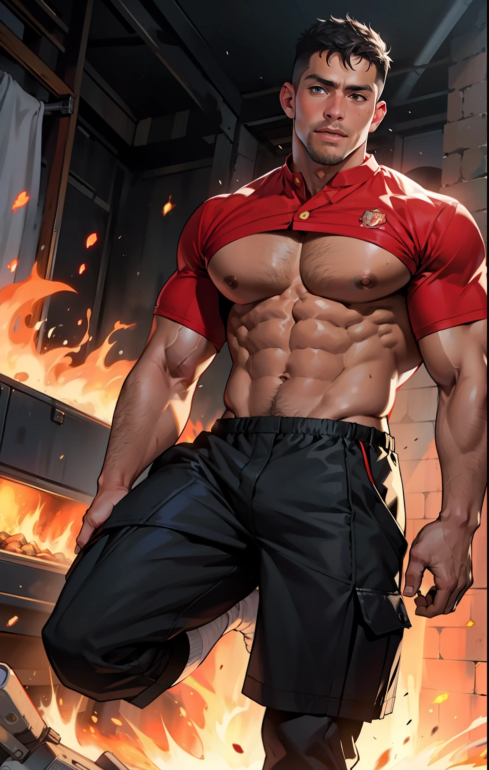 masterpiece, best quality, face, natural eyes, 1man, european, big feet, black socks, large bulge, long legs, looking at viewer, 30 years old, muscled and mature, short haircut, a fire fighter, a firefighter in uniform, fire fighter uniform, a firrfighter holding a fire nozzles, revelling chest and abs, fire, open chest, naked, flush, organism, face covered with white fluids, sweating, tight cloth, erecting,