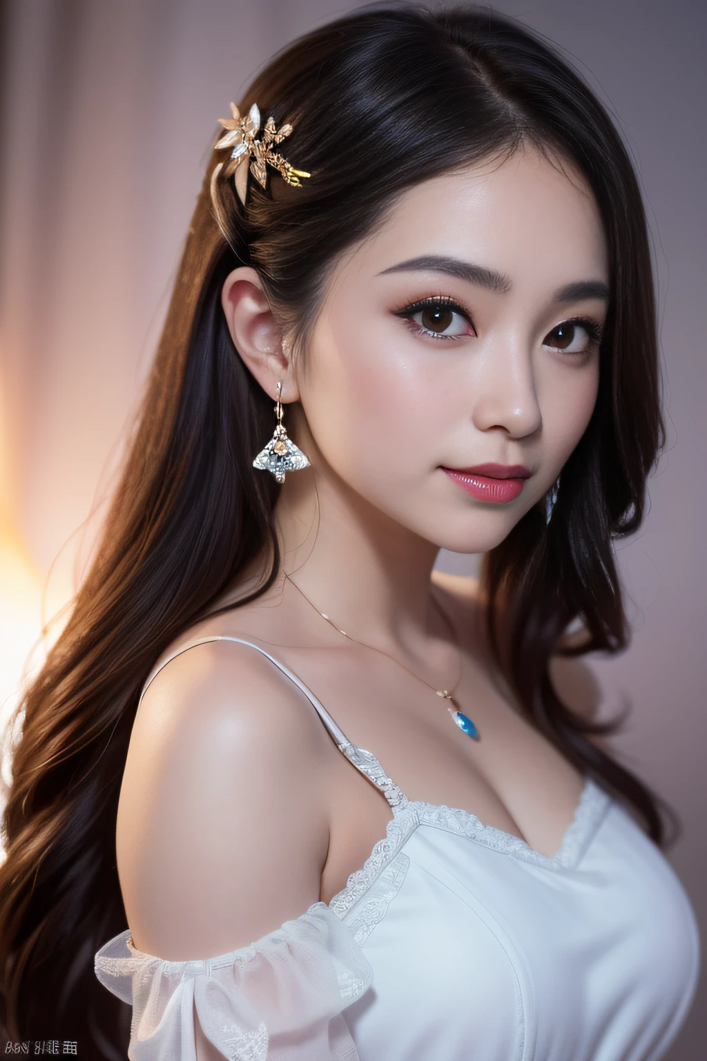 exquisite, masterpiece, high resolution, 1girl, sheer silk cheongsam, beauty face, hair ornament, eye line, smile, closed mouth, lips, dress, hair ornament, necklace, jewel, long hair, earrings, beauty face, upon_body, tyndall effect, photorealistic, dark studio, rim lighting, two-tone lighting, (high detail skin: 1.2), 8k uhd, DSLR, soft lighting, high quality, volumetric lighting, candid, photography, high resolution, 4k, 8k, bokeh