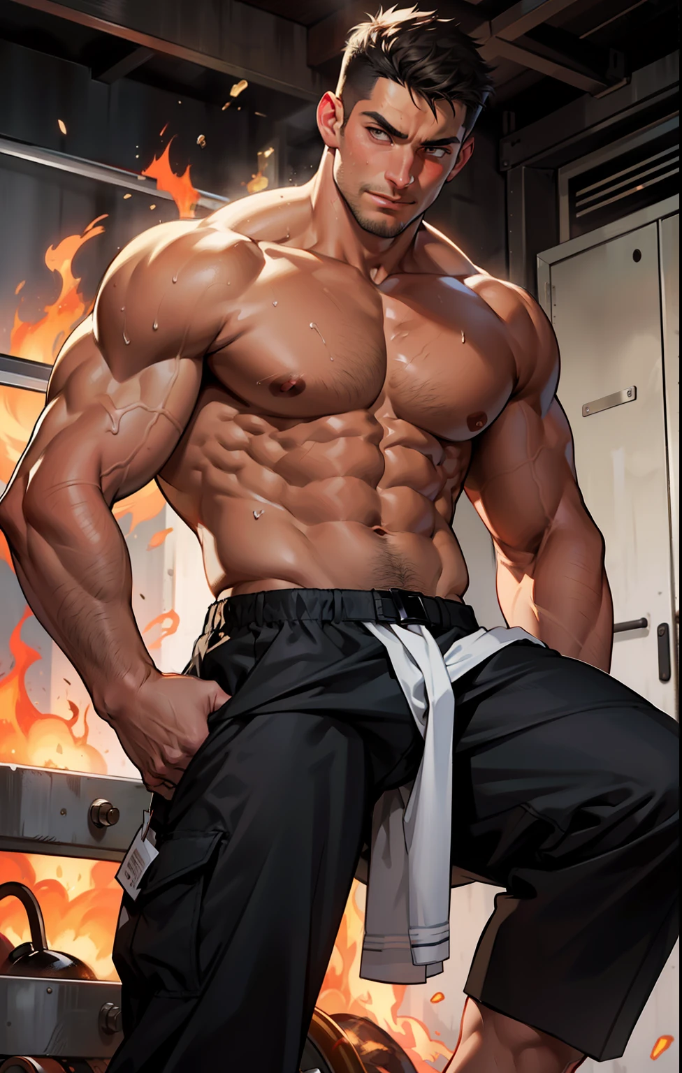 masterpiece, best quality, face, natural eyes, 1man, european, big feet, black socks, large bulge, long legs, looking at viewer, 30 years old, muscled and mature, short haircut, a fire fighter, a firefighter in uniform, fire fighter uniform, a firrfighter holding a fire nozzles, revelling chest and abs, fire, open chest, naked, flush, organism, face covered with white fluids, sweating, tight cloth, erecting,