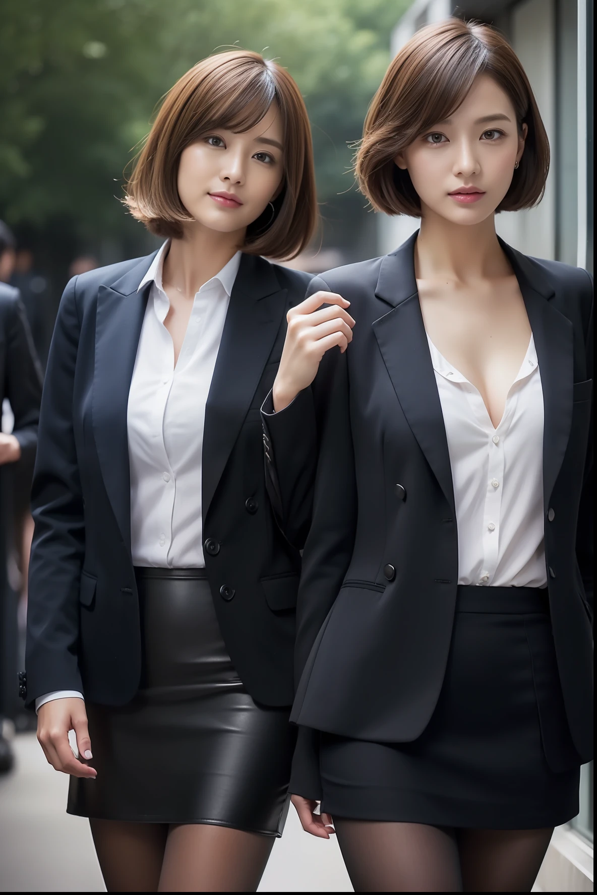 ((Women Journalists))、suits、Extraordinary beauty、(((Foreign battlefields)))、(((a miniskirt)))、((Unbutton your shirt、Chest is open.))、((Revealing clothing))、Short-cut hairstyles 、Women in Japan、Photorealsitic、Beautiful detailed eyes、Hyper-Realism、highcontrast、Ultra HD、realistic skin textures、Top image quality、top-quality、超A high resolution、Fine details、Very meticulously