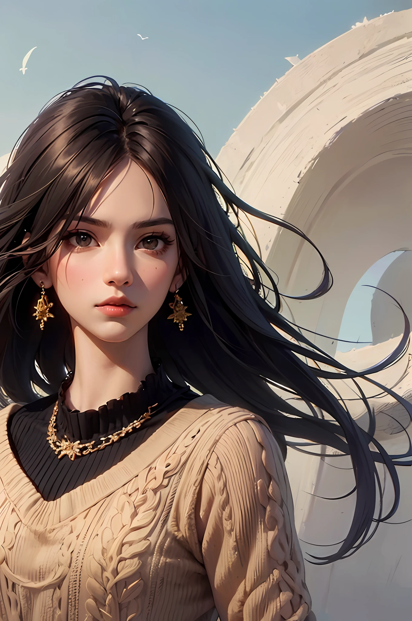 3dmm style,(masterpiece, top quality, best quality, official art, handsome and aesthetic:1.2), (fractal art:1.3), 1girl, handsome, high detailed, dark skin, black hair with a hint of brown, brown eyes, dark lighting, serious face, looking the sky, sky, medium shot, blue sweater, jewelry --auto