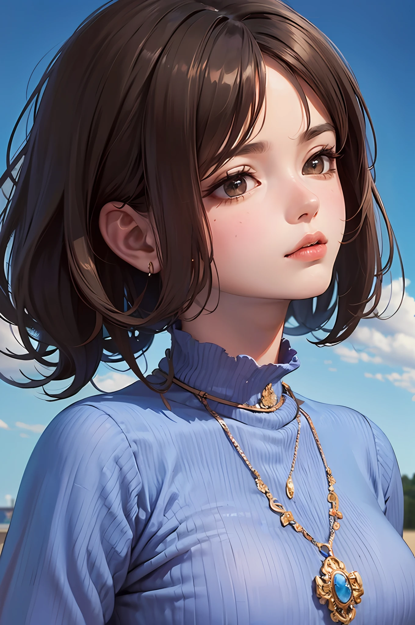 3dmm style,(masterpiece, top quality, best quality, official art, handsome and aesthetic:1.2), (fractal art:1.3), 1girl, handsome, high detailed, dark skin, black hair with a hint of brown, brown eyes, dark lighting, serious face, looking the sky, sky, medium shot, blue sweater, jewelry --auto