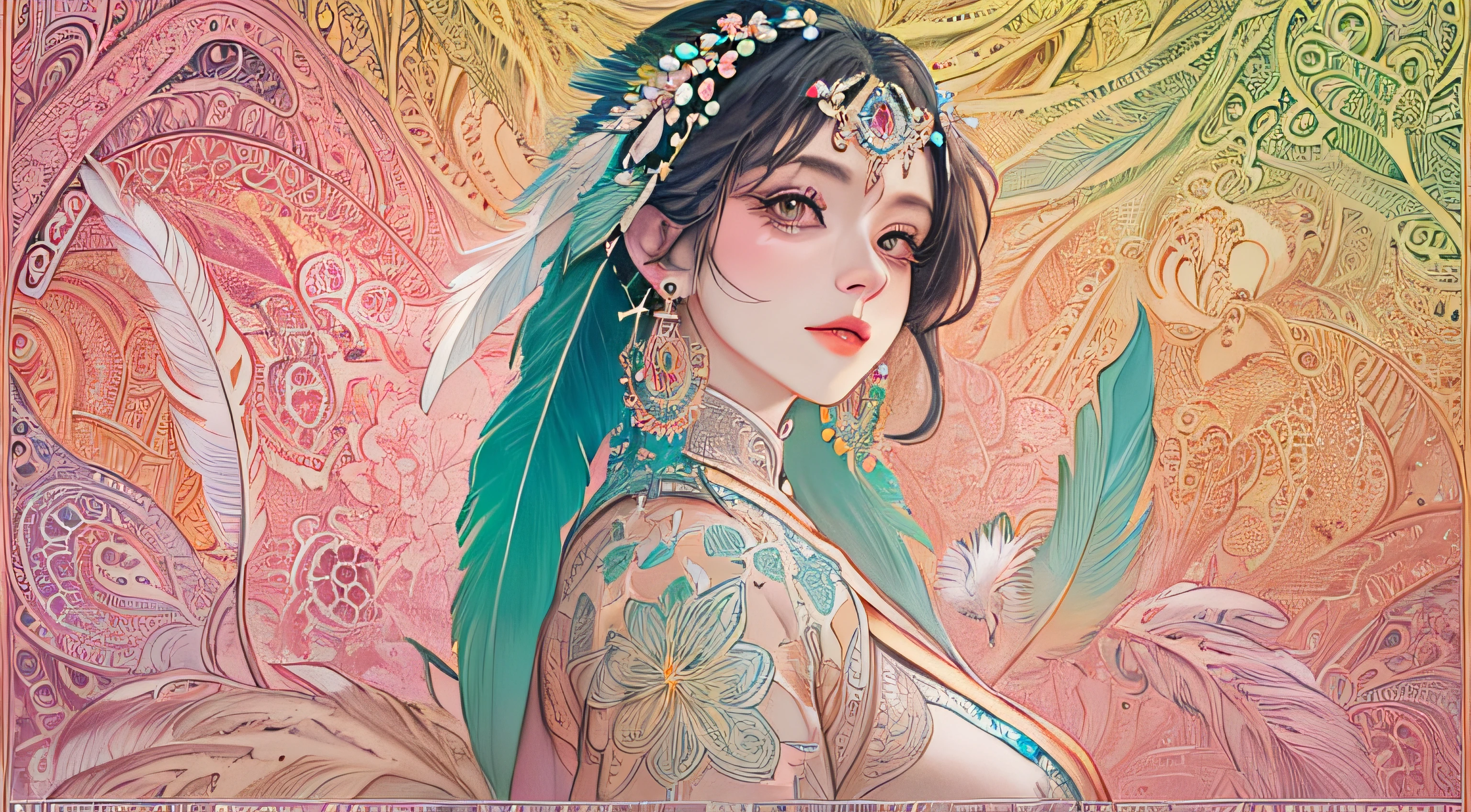 (masterpiece, top quality, best quality, official art, beautiful and aesthetic:1.2), (1girl:1.3), extremely detailed,(fractal art:1.1),(colorful:1.1)(flowers:1.3),highest detailed,(zentangle:1.2), (dynamic pose), (abstract background:1.3), (shiny skin), (many colors:1.4), ,(earrings:1.4), (feathers:1.4)