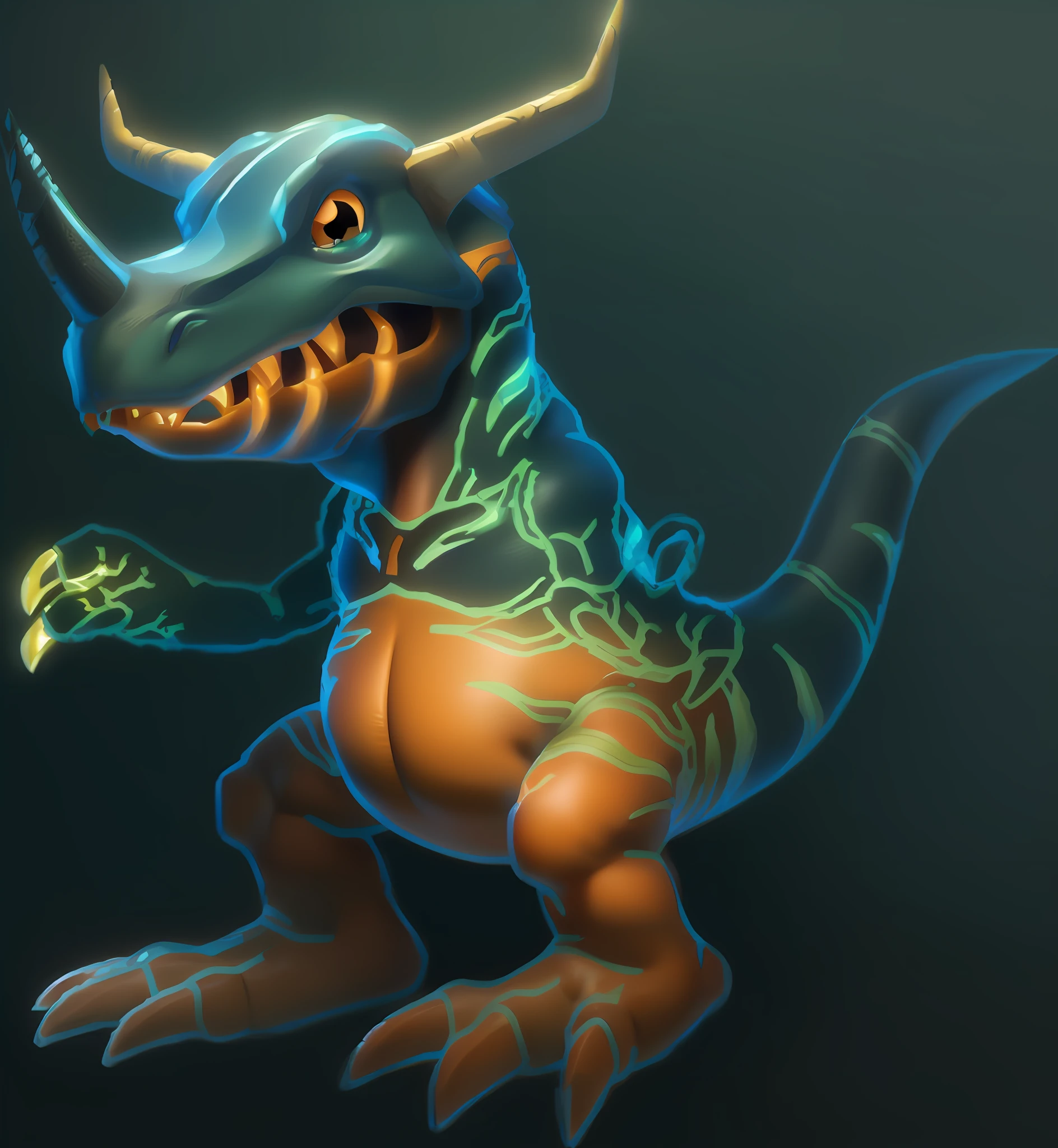 um close up de um desenho animado de um dinossauro com um capacete ligado, Digimon, Trex, T-Rex, t - rex, Arte Zoids, Guggimon, Angewoman Glamorous Digimon, Zoids, Giga, arte chave Digimon, Naquissauro, triceratops, jurassic, Tiranossauro, inspirado em Adam Rex, Retrato de um Zentaur