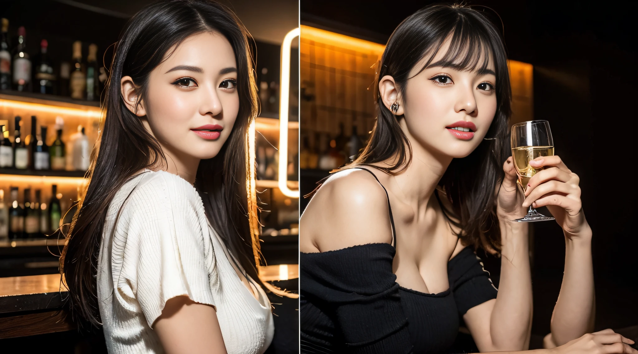(8K、Raw photography、top-quality、masterpiece:1.2)、ultra-detailliert、ultra res、(realisitic、Real Photographics:1.47)、Dim bar counter、Dimly lit interior(Fantastic lighting)Stylish lighting、Champagne Tower、Pretty hostess、Miss Cabaret、Sexy woman in dress sitting on chair drinking、Sexy cleavage、tiny chest、Small、Red dress、fair white skin、Beautiful thighs、Beautiful legs、Human-like、Girls Bar Clerk、kawaii pose、de pele branca、Fair-skinned hostess、Fashionable and sexy dresses、An ultra-high picture quality、、amazing detailed、Beautiful girls in very detailed、Faces with different patterns、One has a ponytail、very detailed faces very detailed eyes、Very realistic skin、 extremely detailed fingers, highly detailed nose, highly detail mouth, perfect anatomia, Highly detailed sailor suit、highly detailed back ground,Xue glowing skin, Slim body, Long straight hair, (Blunt bangs:1.2)