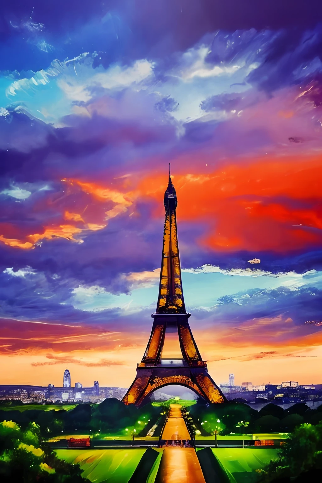 Oil painting of the Eiffel Tower, Highly detailed, Best quality, 8K,ModelShoot style, Dramatic lighting, rule of third