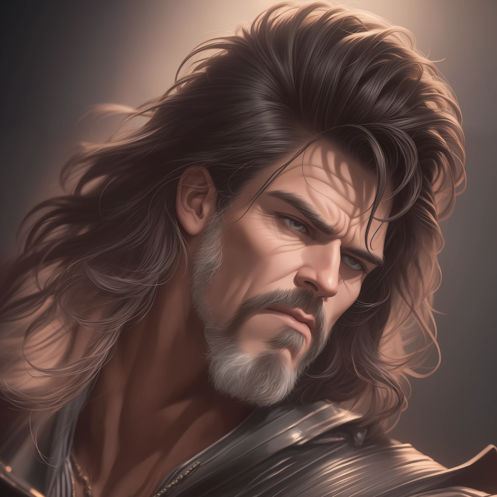 A (waist up:1.2) cinematic photorealistic color digital painting of Mr. Hyde with the (80's heavy metal rock star hair style:1.2) jump in stage, detailed face, insanely detailed and intricate, crisp sharp and clear, volumetric lighting, ultra-high resolution, masterpiece hyper realistic artwork of Don Lawrence, centered, Professional color grading by Kenneth Hines Jr.