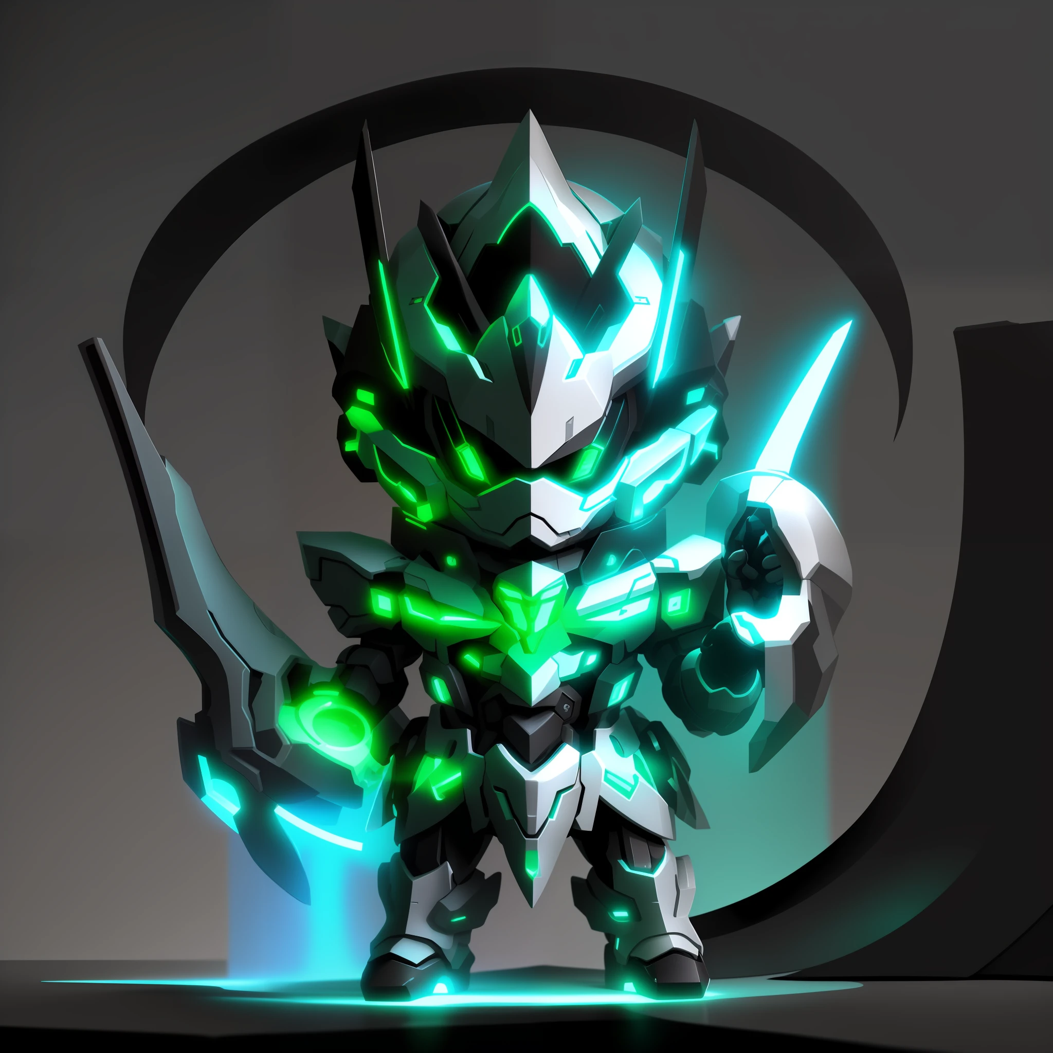 a close up of a robot with a sword in its hand, greek god in mecha style, advanced digital chibi art, cute cyber gods, cool mecha style, alexandre ferra white mecha, 3 d render official art, futuristic robot devil, Beautiful robot character design, Blind box style,Bubble Mart Blind Box,(fluorescent green:0.4|Fluorescent blue:0.4|black in color:0.3)match colors,cyberpunk, close shot, hyperdetailed, 16k resolution, volumetric lighting
