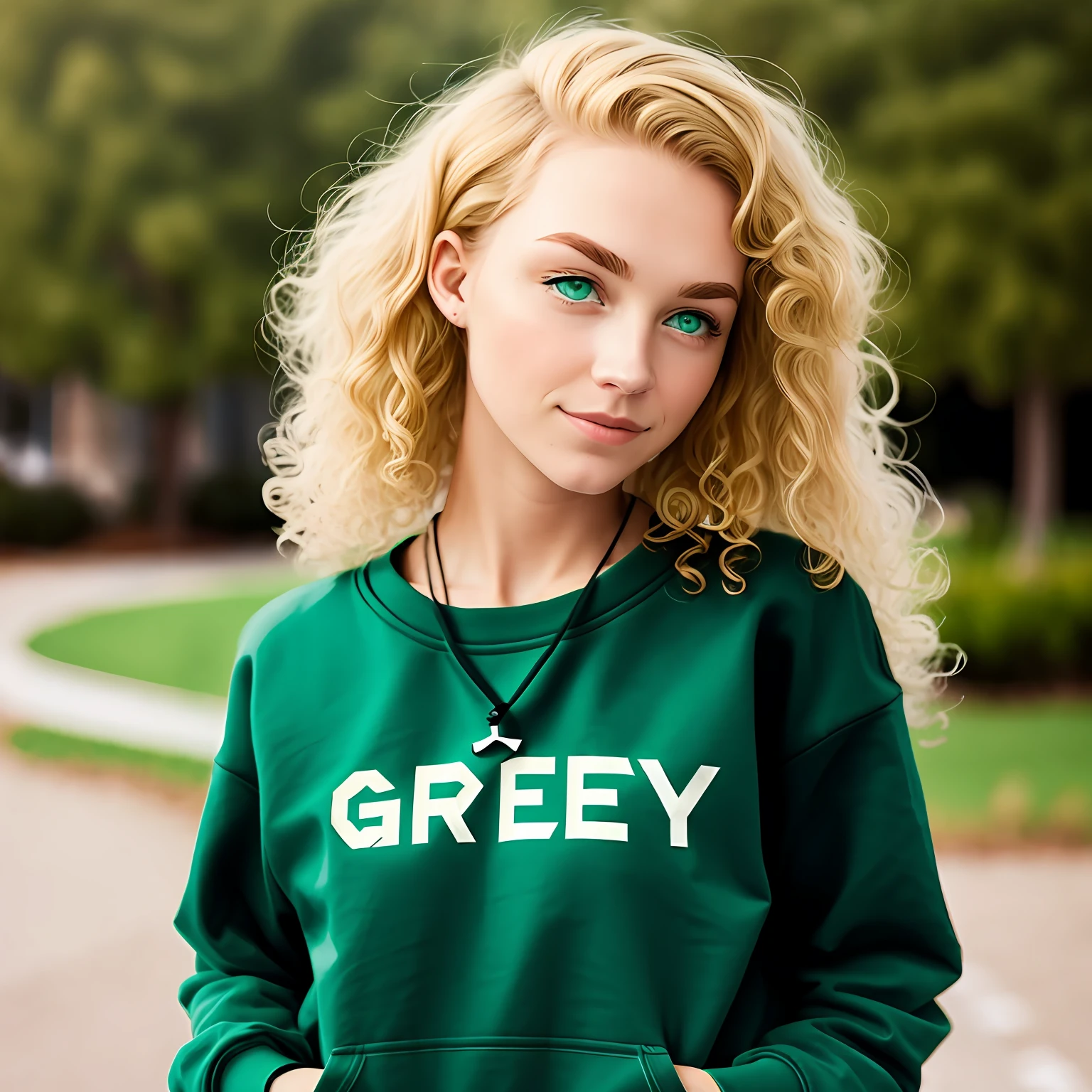 Short dirty blonde curls,Green eyes,Wear a green sweatshirt