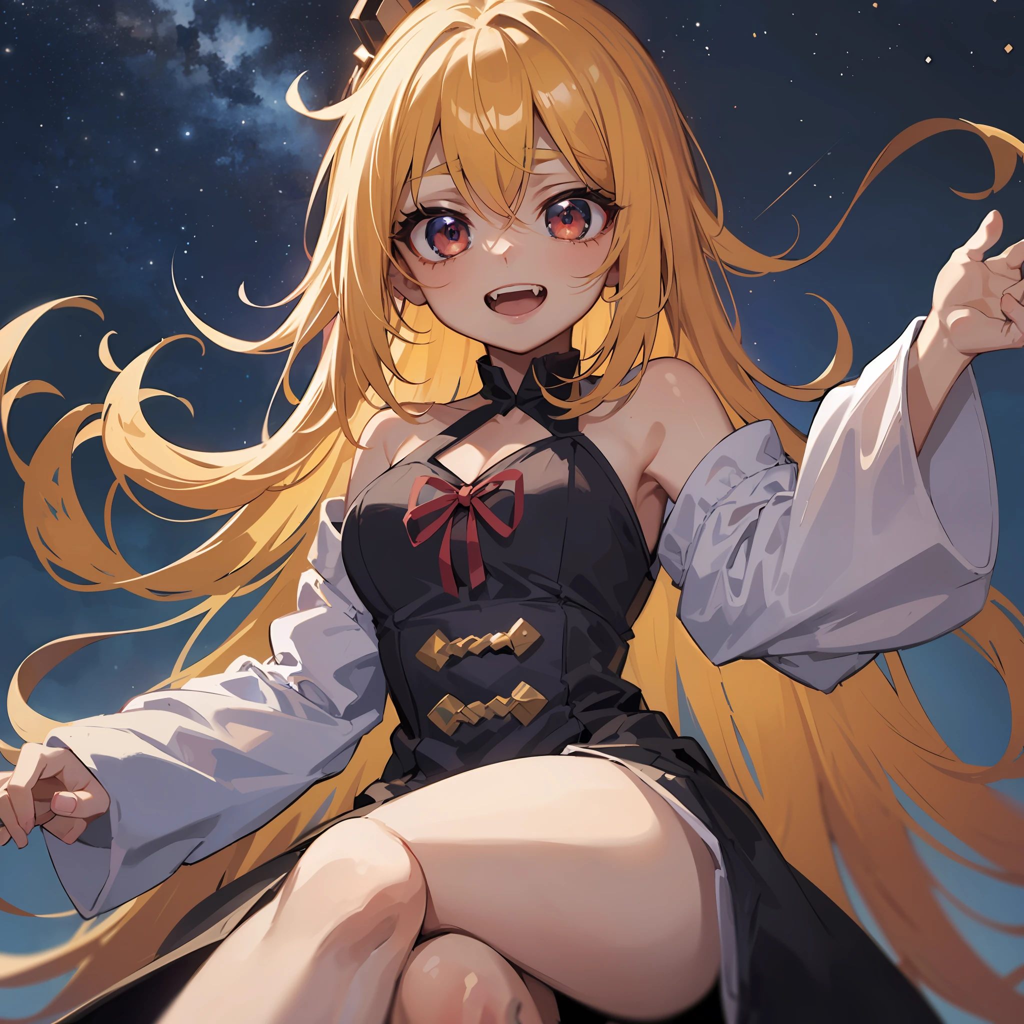 masterpiece、top-quality、Fantastical、 about 4 years oldgolden eye))、Vampires、Shinobu Shinobu、(robe blanche)、Fangs are visible、(His expression is grinning.:1.3)、((Red cheeks))、Kawaii Girl、1 girl in、The tips of the hair are bouncing upwards、night landscape、Glowing in the dark night、(eyes are large:1.4)、The whole body is shown、Stars shining in the night sky、