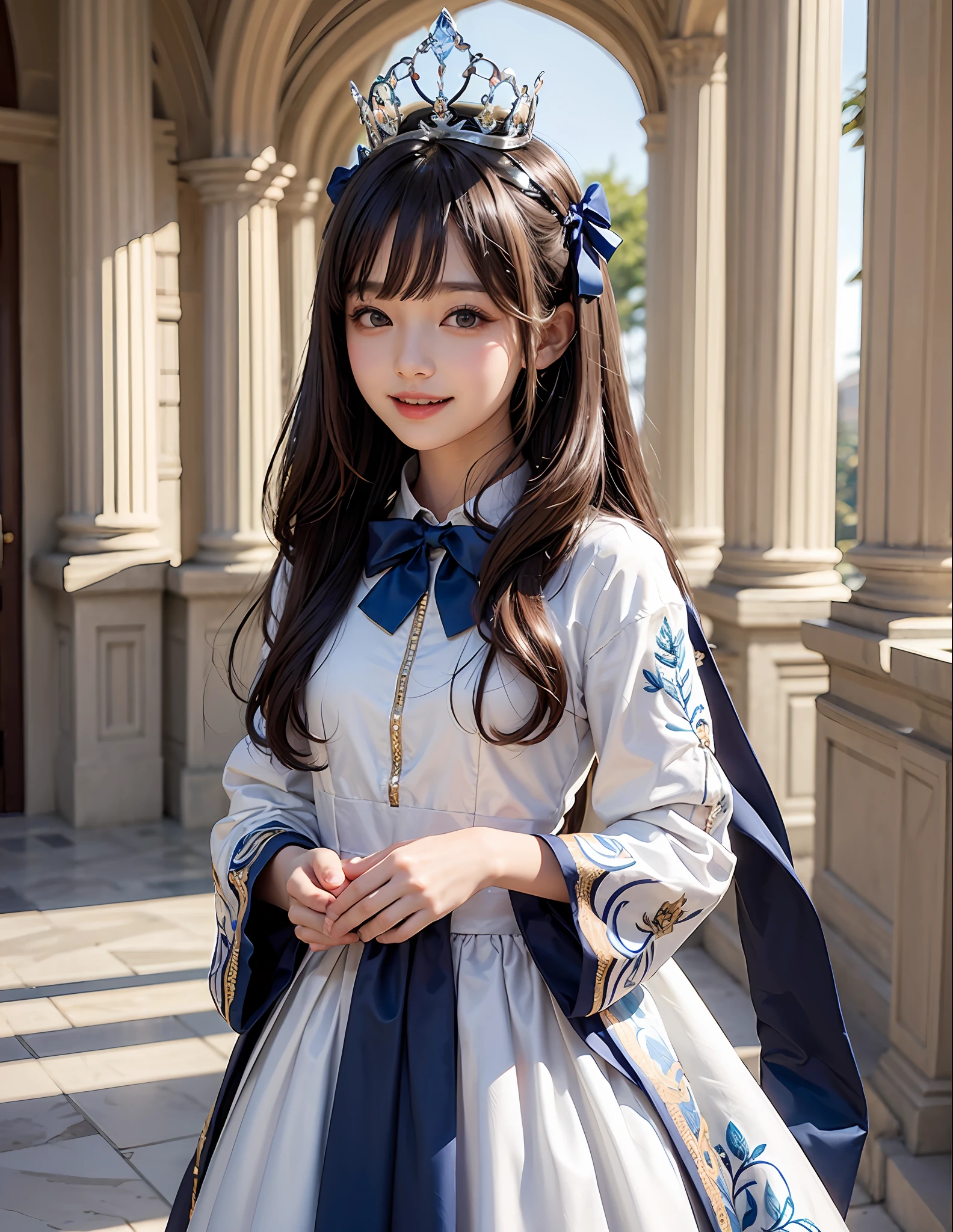 Marble garden,1Blittle girl,double tails,brunette color hair,By bangs,Long white embroidered dress,Blue bow,9-year-old female model,Princess,crown,Smile,
