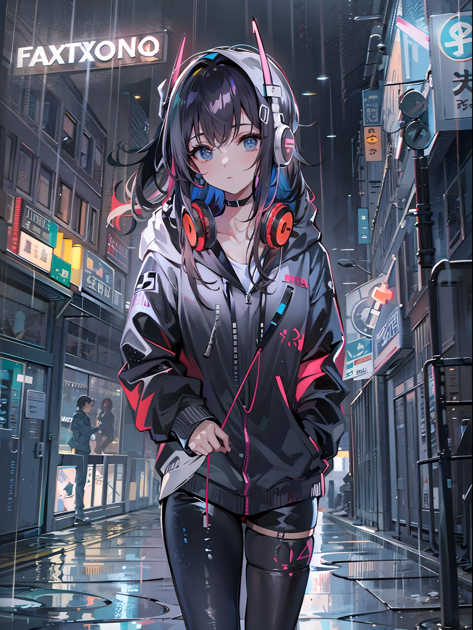 masterpiece, girl alone, solo, incredibly absurd, hoodie, headphones, street, outdoor, rain, neon,