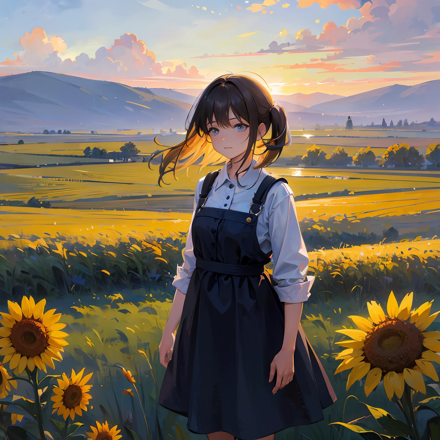 girl standing in field, closeup, portrait, clouds, sunrise