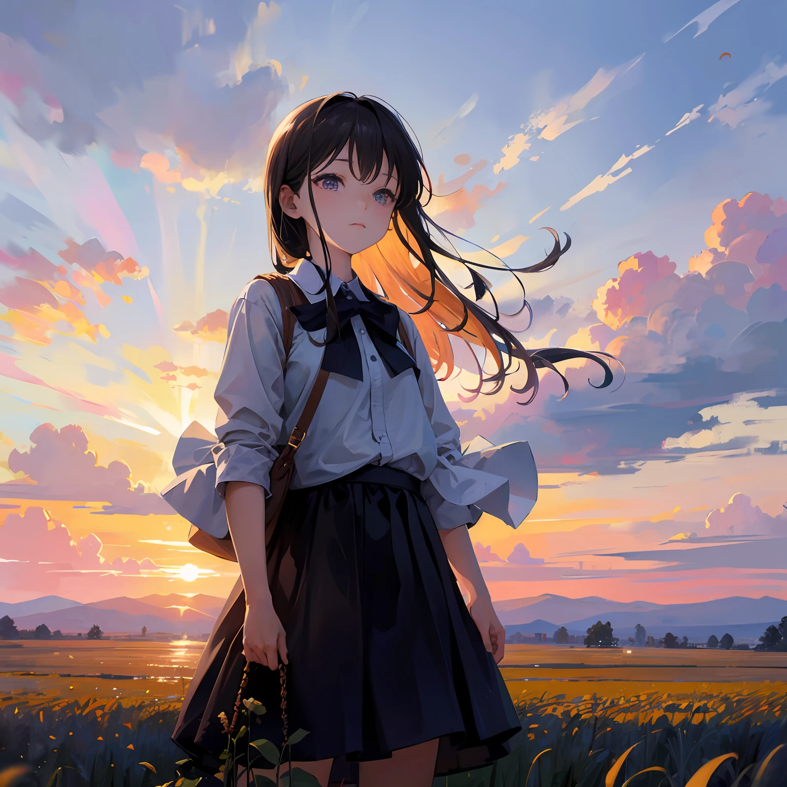 girl standing in field, closeup, portrait, clouds, sunrise