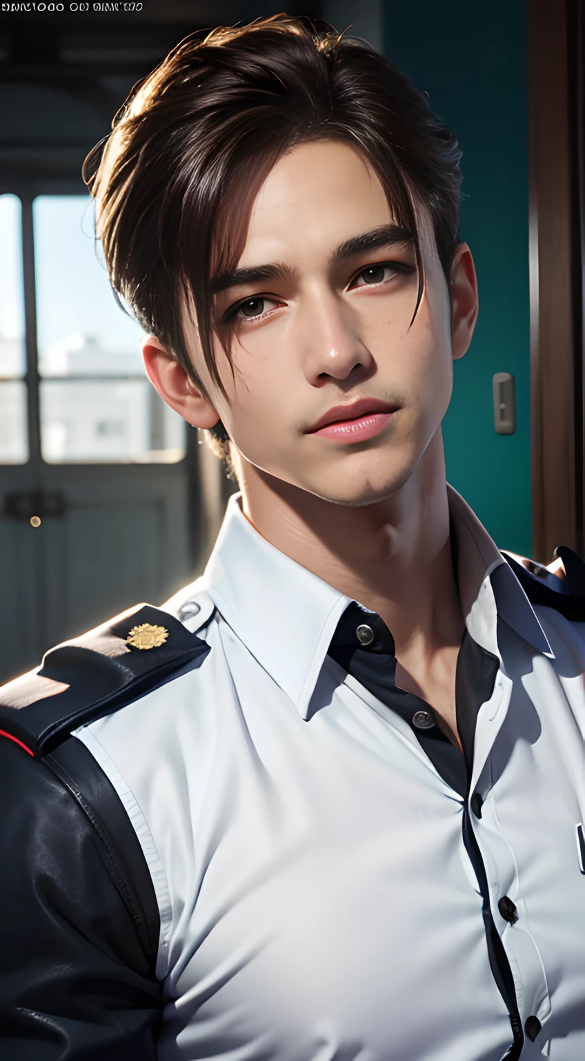 ((Men only)), (cowboy shot), (Tanned handsome muscular male police officer in his 20's ), He is Tall, well-built, clean-shaven male officer with a stern gaze, wearing the iconic LAPD uniform and badge, exuding authority and confidence, Chris Redfield, Mischievous smile, (detaile: 1 in 1), Natural muscles, HIG quality, beautidful eyes, (Detailed face and eyes), (Face、: 1 / 2), Noise, Real Photographics、... ............................................................................PSD, Sharp Focus, High resolution 8K, realisitic & Professional Photography, 8K UHD, Soft lighting, High quality, Film grain, FujifilmXT3