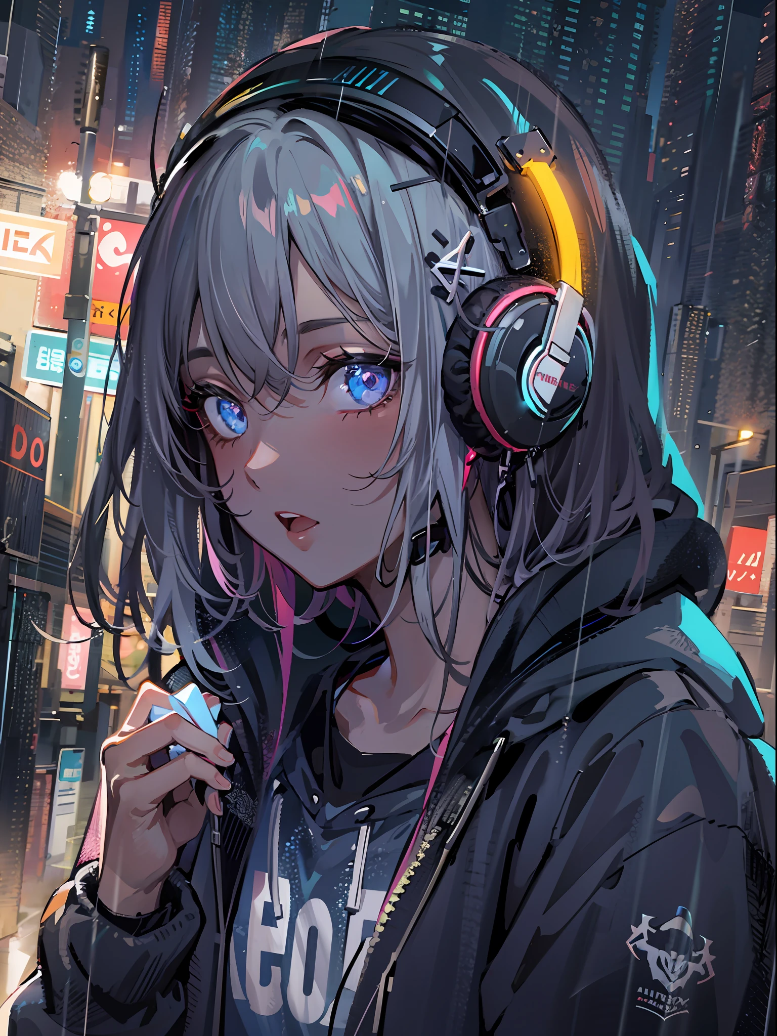 masterpiece, girl alone, solo, incredibly absurd, hoodie, headphones, street, outdoor, rain, neon,