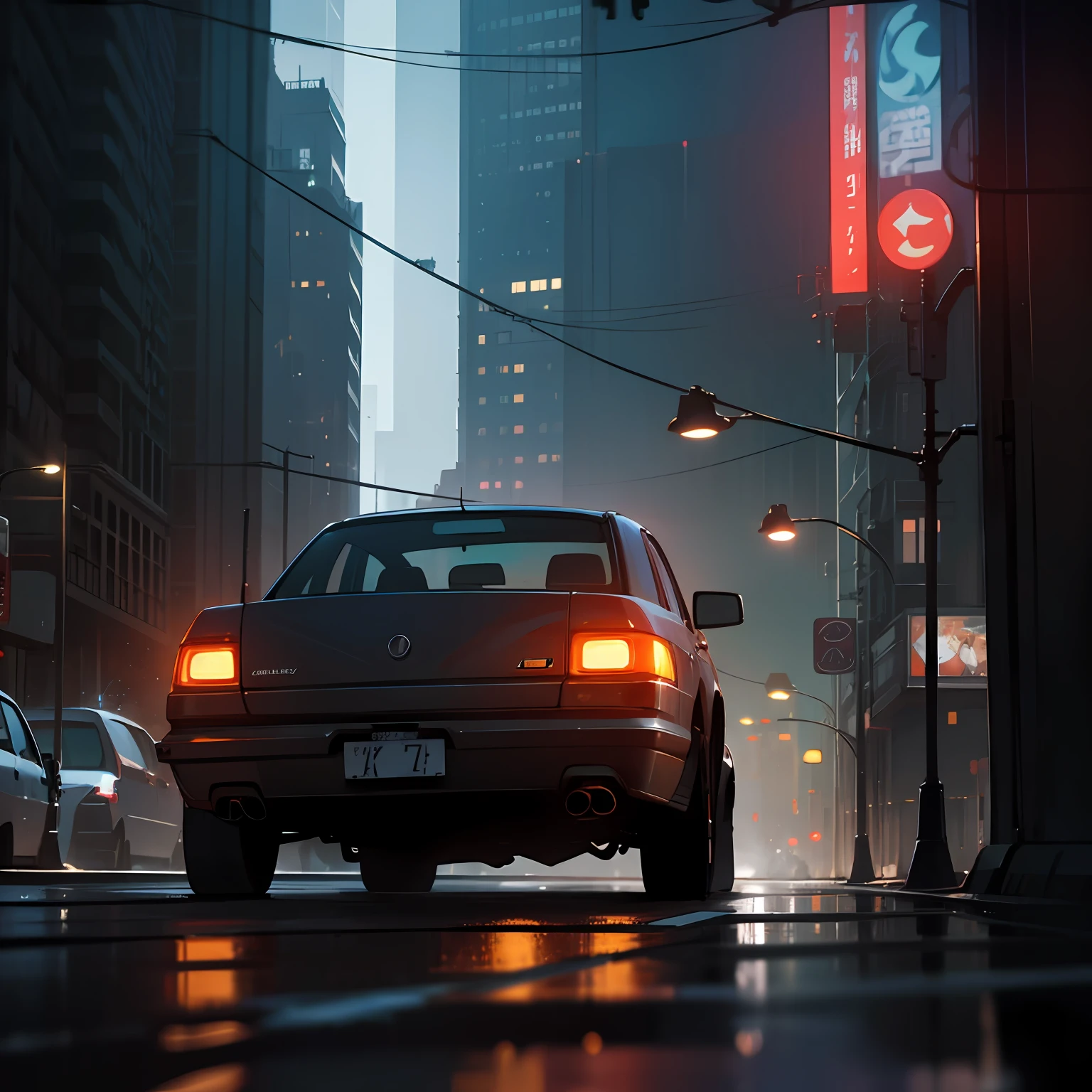 Cityscape cyberpunk, realistic, hd, cyberpunk in cybercity at night,, dark atmosphere, nightfall, cinema photography, cold colours, keep the car faithfull to the original , 8 --auto