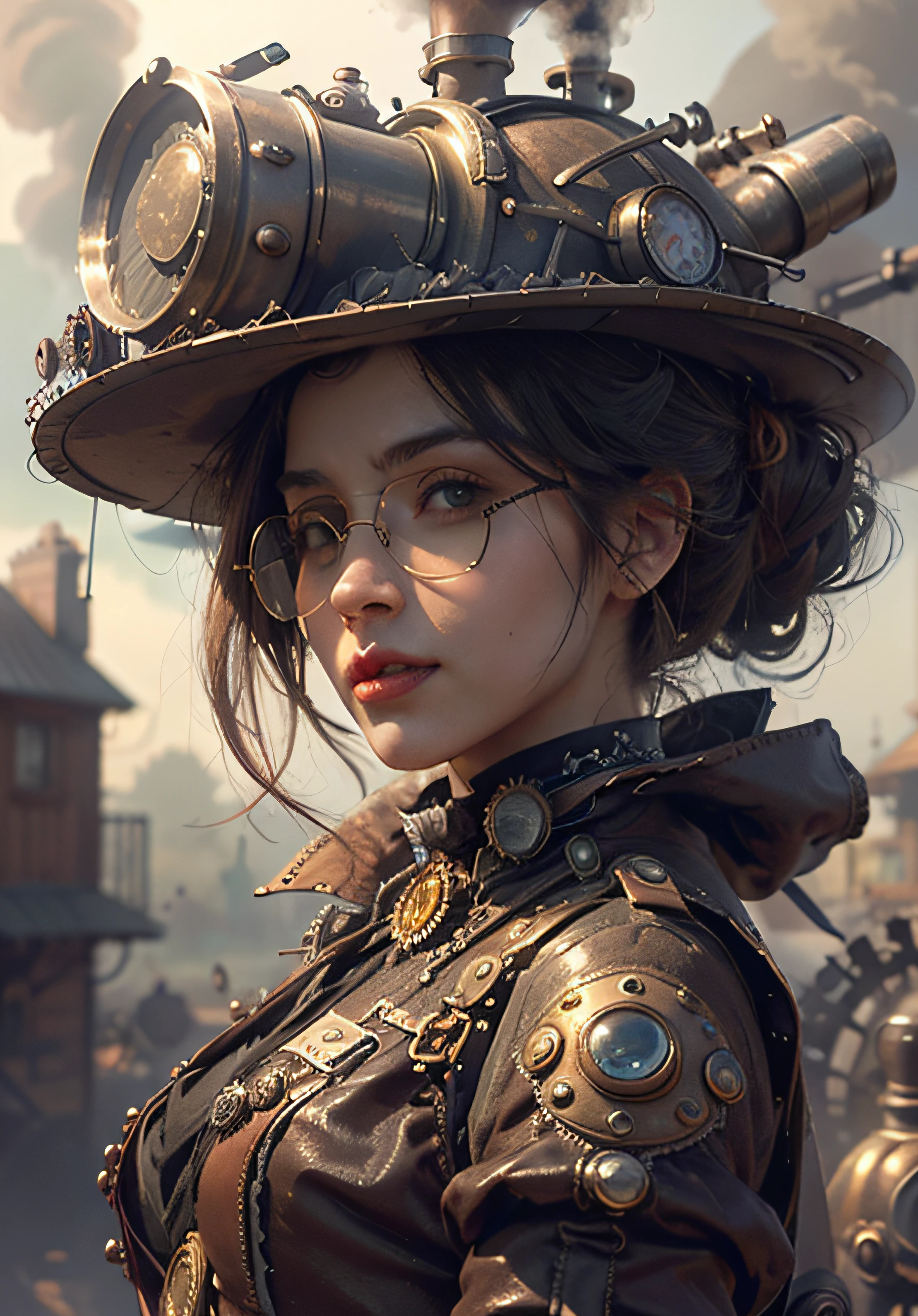 A closeup of a serious woman on the steam - punk equipment with glasses, steampunk mulher anime bonita, estilo de fantasia steampunk, cyberpunk Steampunk, uma deusa Steampunk bonita, sci-fi steampunk, arte conceitual steampunk, Wojtek FUS, Art not Guweiz style, arte steampunk digital, Cyber Steampunk 8K 3D, mulher americana Steampunk, em steampunk paisagem urbana, steampunk aesthetic, not anime