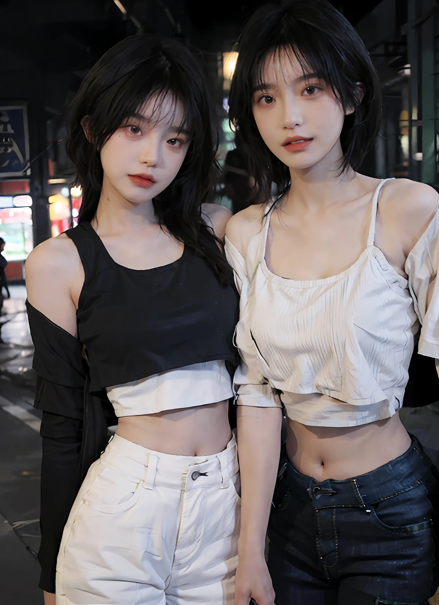 best qualtiy，tmasterpiece，超高分辨率，（realisticlying：1.4），1girll，Raised sexy，,Focus:1.2, perfect figure beautiful woman:1.4, Cocked :1.2, ((Cut hair in layers:1.2)), , (dark Street:1.3), Highly detailed facial and skin texture, full bodyesbian,A detailed eye, 二重まぶた，Whiten skin，long whitr hair,(with a round face:1.5),(Loose crop top,shorter pants:1.6)The cleavage protrudes, the pleated skirt, the  leak the long legs，((mall))