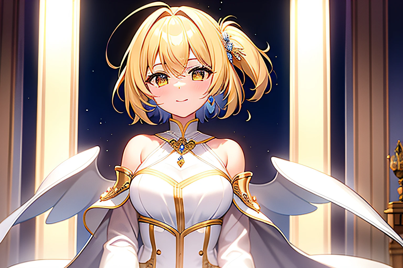 {{{masterpiece}}}, 1girl, ahoge, amco, bangs, blush, bridal gauntlets, capelet, closed mouth, crossed bangs, white long dress, final fantasy, winged capelet, yellow hair, hair band, hair between eyes, hair ornament, highres, jewelry, looking at viewer, extra short hair, beautiful detailed background, solo, upper body, shoulder wing, white gold theme, {{gold trim}}, gold furniture, indoor, royal palace, {{{{{wind blowing}}}}}, glowing light, {{{{{{yellow petals}}}}}}, {{{{{light particles}}}}}