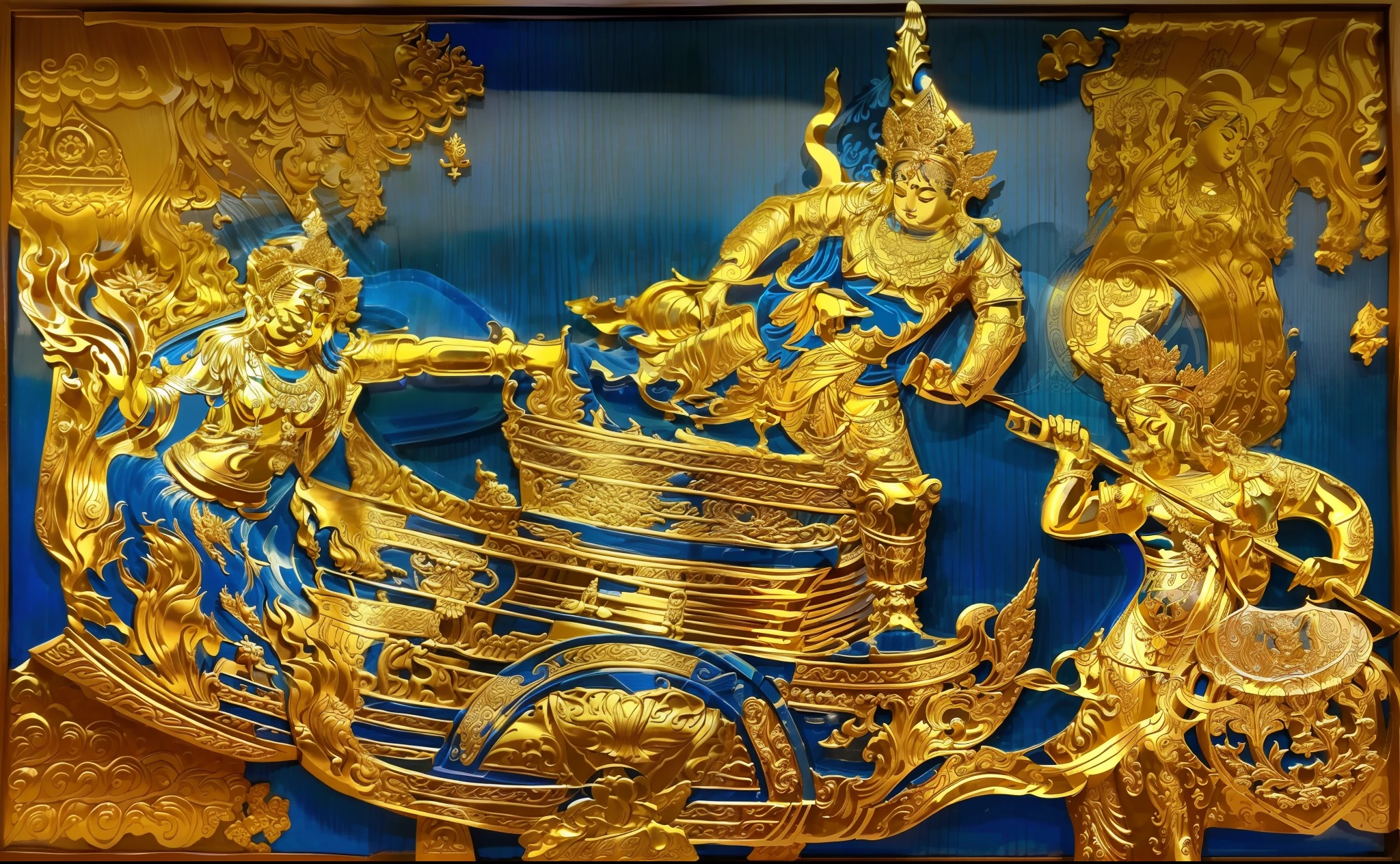 There is a blue book with giant drawings on the ship...., etched relief, Very complex intaglio..., Very detailed., Unknown Artist, Highly detailed engraving, Embossed carving, Inlaid Gold, Intricate engraving, gravure, Blue wood grain print, Wood cutting, Intricately detailed engraving, Thai art, Unknown Artist, Wooden Block, carving, Part of the screen
